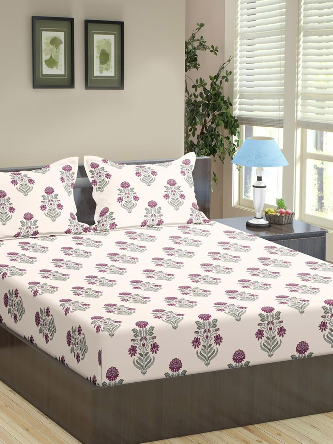 

Trance Home Linen White & Pink Floral 180 TC Cotton King Bedsheet with 2 Pillow Covers