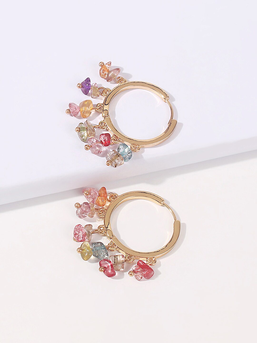 

Yellow Chimes Gold-Toned Multicoloured Stone Hanging Hoop Earrings