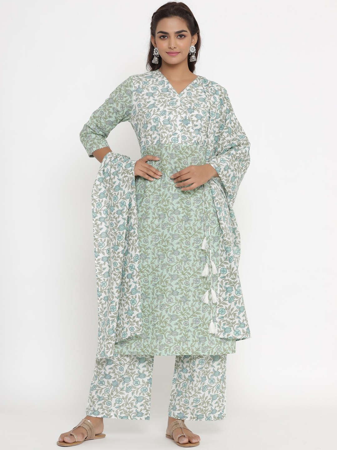 

MIRAVAN Women Green Floral Printed Pure Cotton Kurta with Palazzos & Dupatta