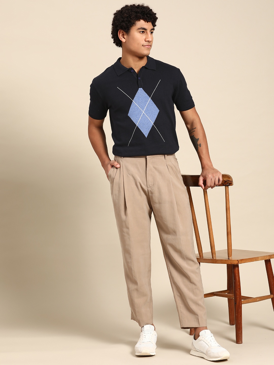 

ARMISTO Men Navy Argyle Knit Polo Collar Pure Cotton Party T-shirt, Navy blue