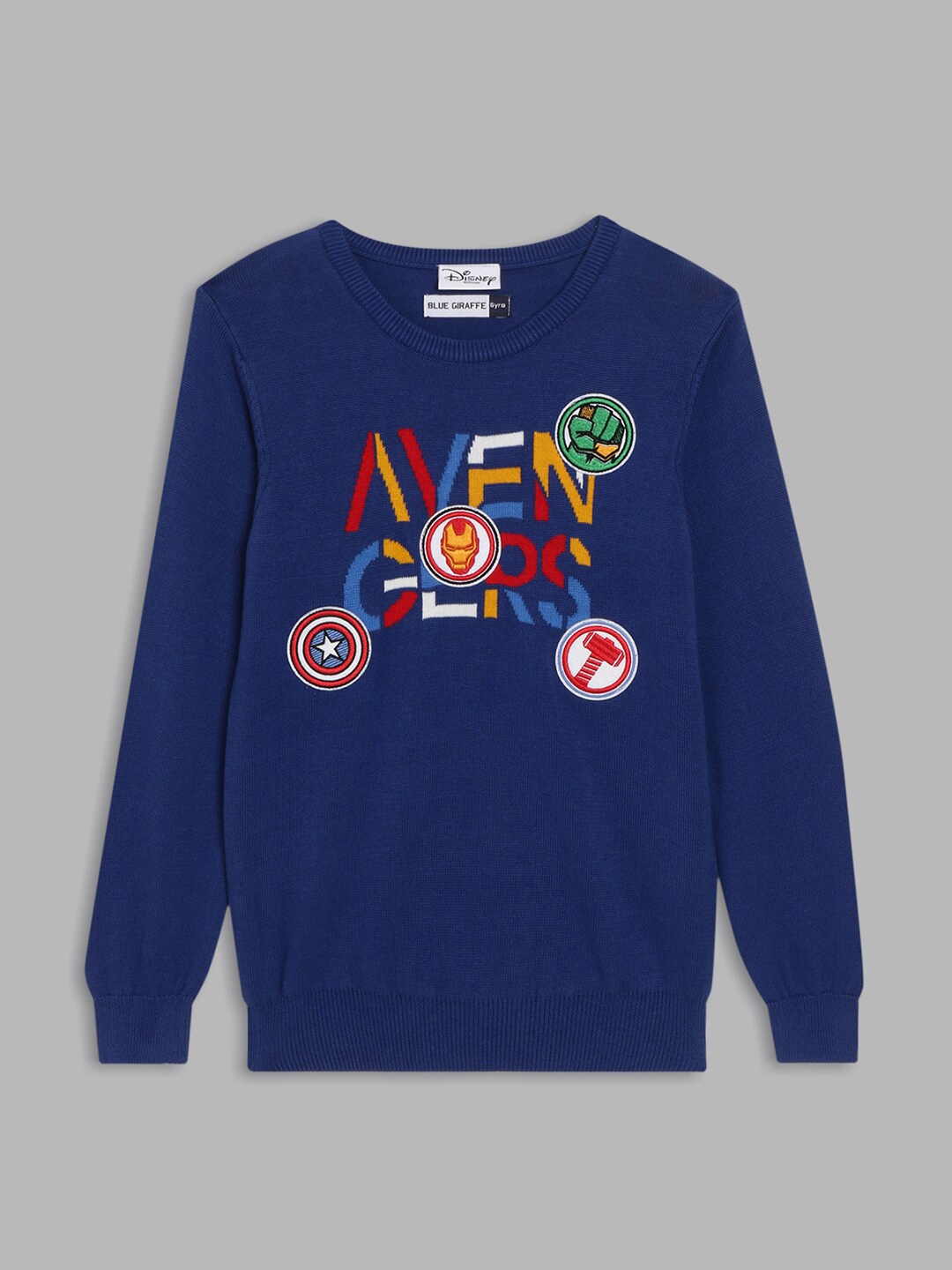 

Blue Giraffe Boys Navy Blue & Yellow Avengers Typography Printed Cotton Pullover Sweater
