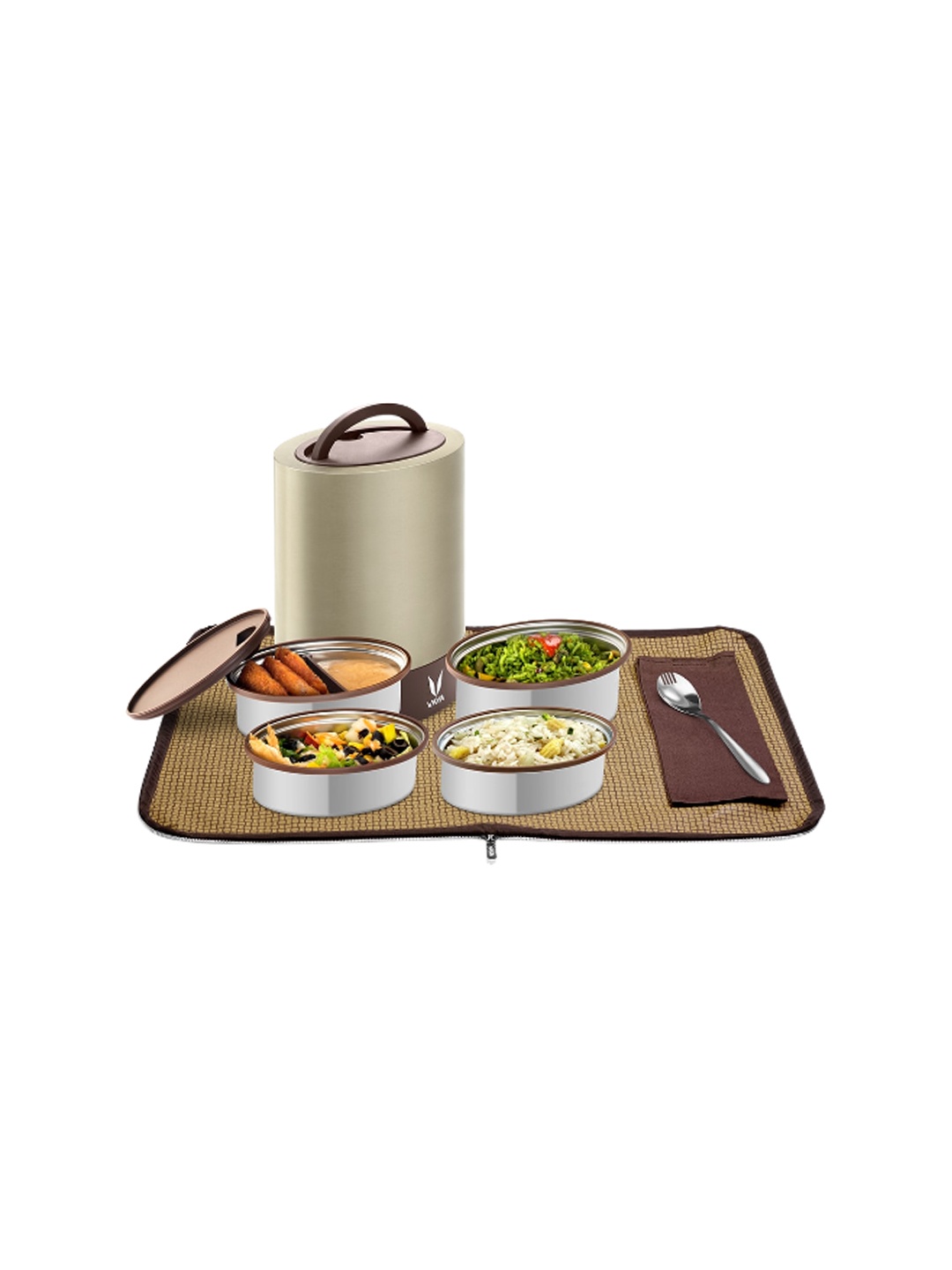 

Vaya Brown Solid Click It Stainless Steel Four Piece Lunch Box 1.3L, Metallic