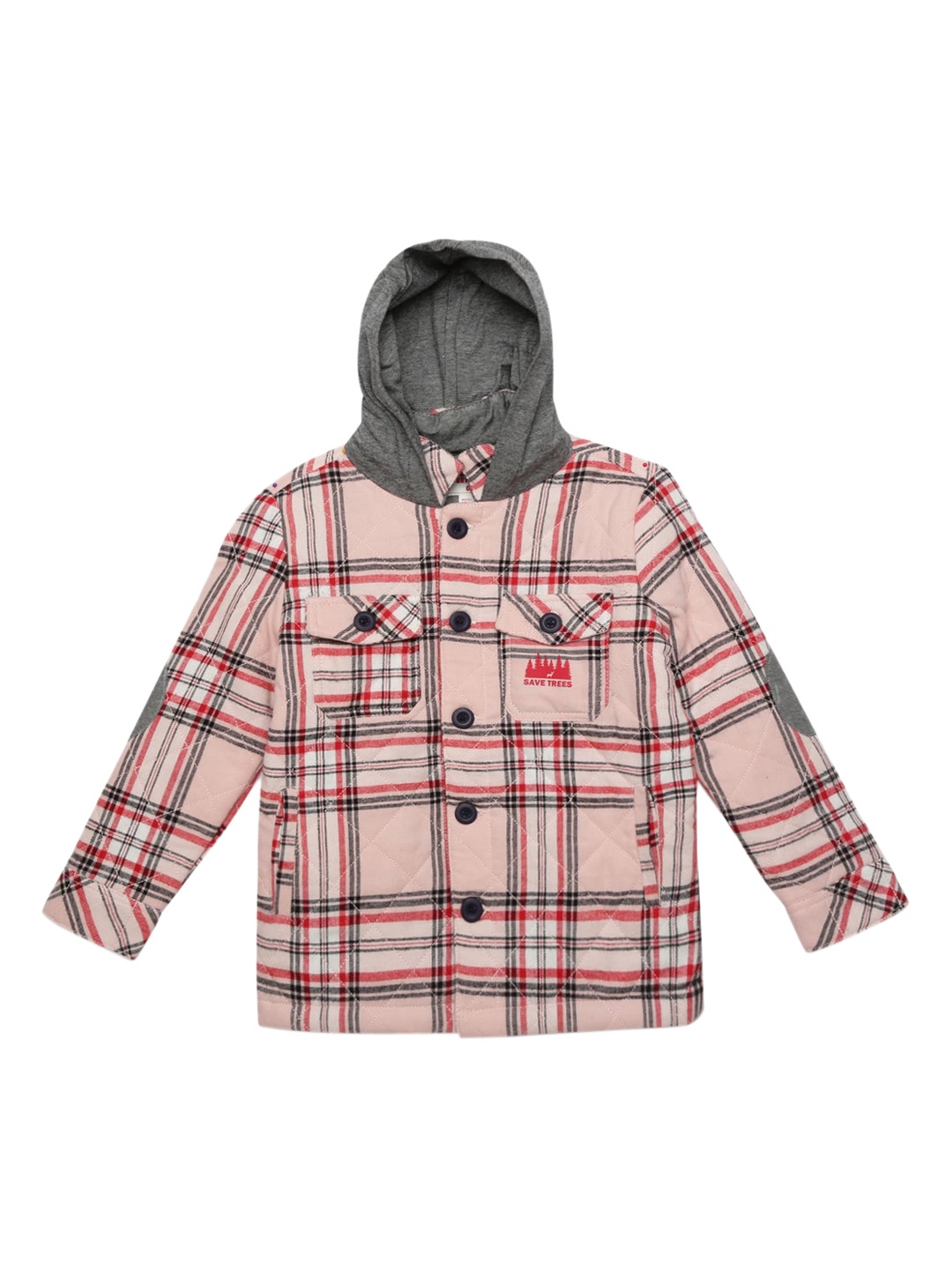 

UNDER FOURTEEN ONLY Boys Peach-Coloured Grey Cotton Checked Quilted Jacket