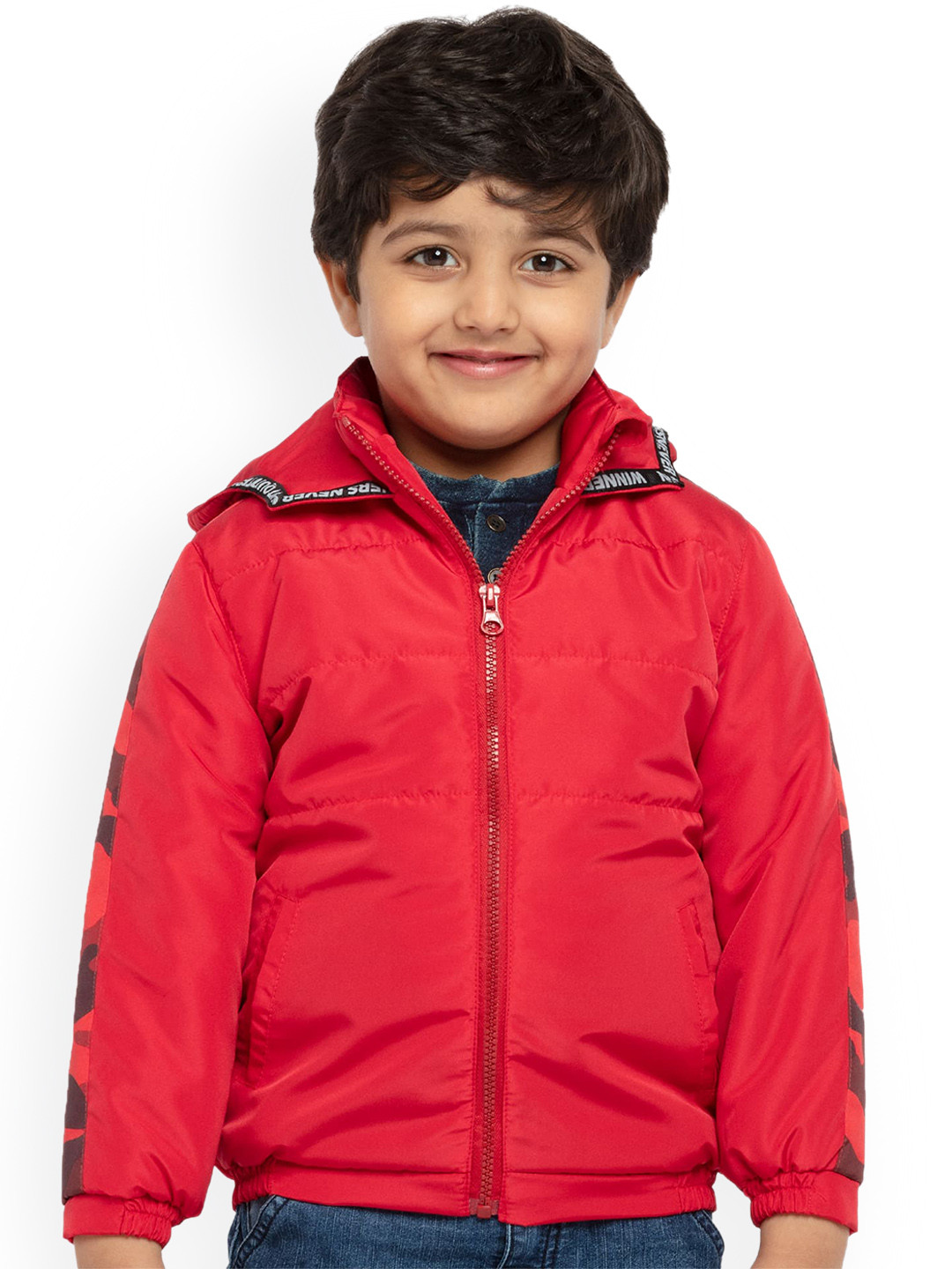 

UNDER FOURTEEN ONLY Boys Red Hooded Padded Jacket