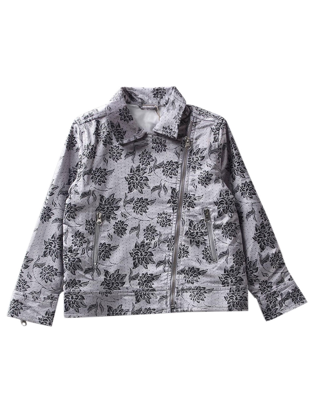 

UNDER FOURTEEN ONLY Girls Silver-Toned Black Floral Cotton Tailored Jacket