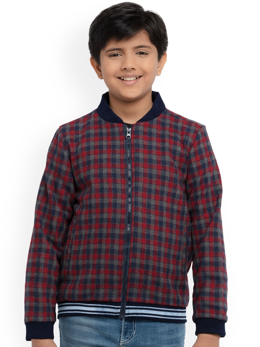 

UNDER FOURTEEN ONLY Boys Red & Navy Blue Checked Bomber Jacket