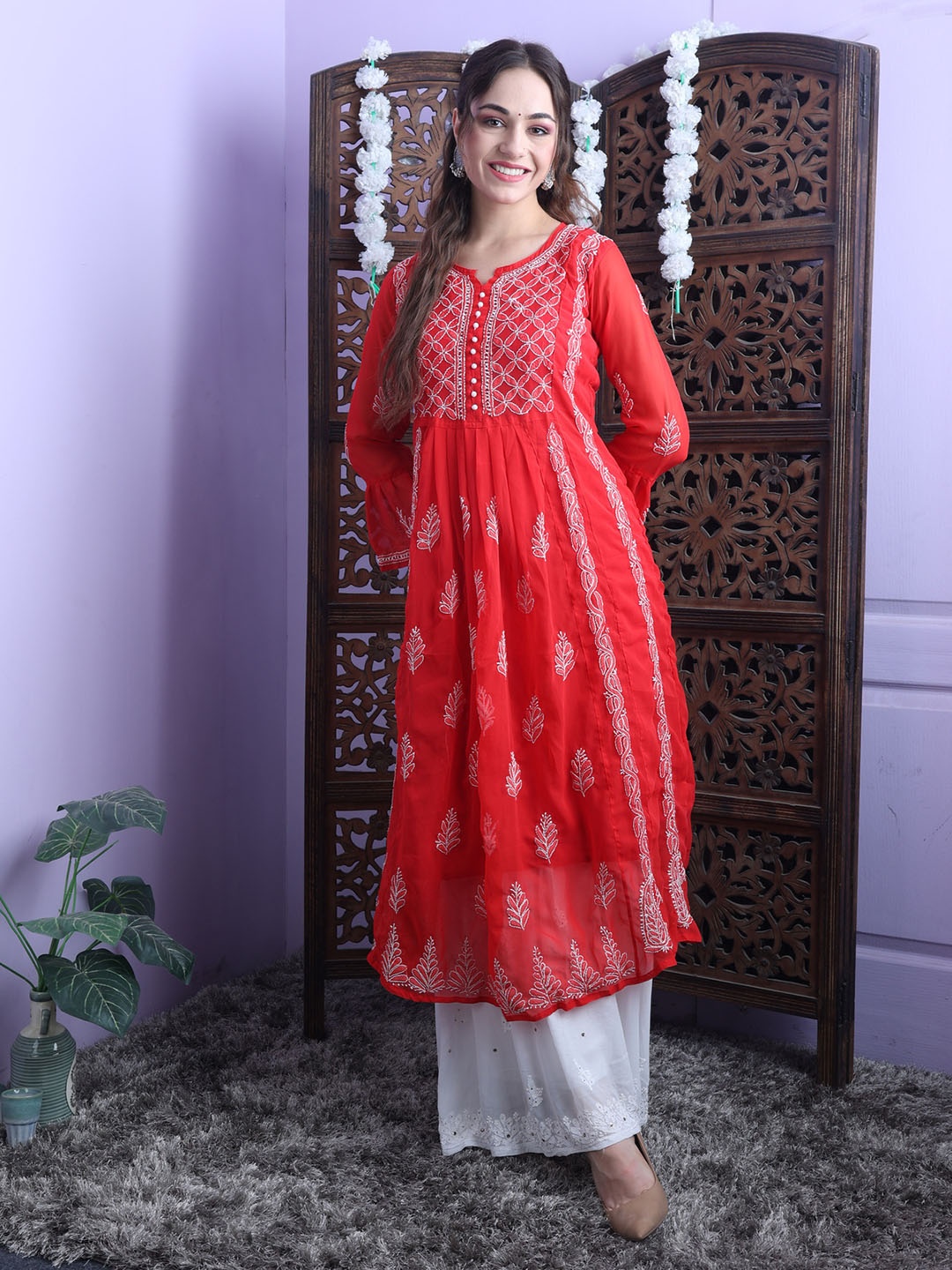 

FAWOMENT Ethnic Motifs Printed Flared Sleeves Thread Work Georgette Kurta, Red