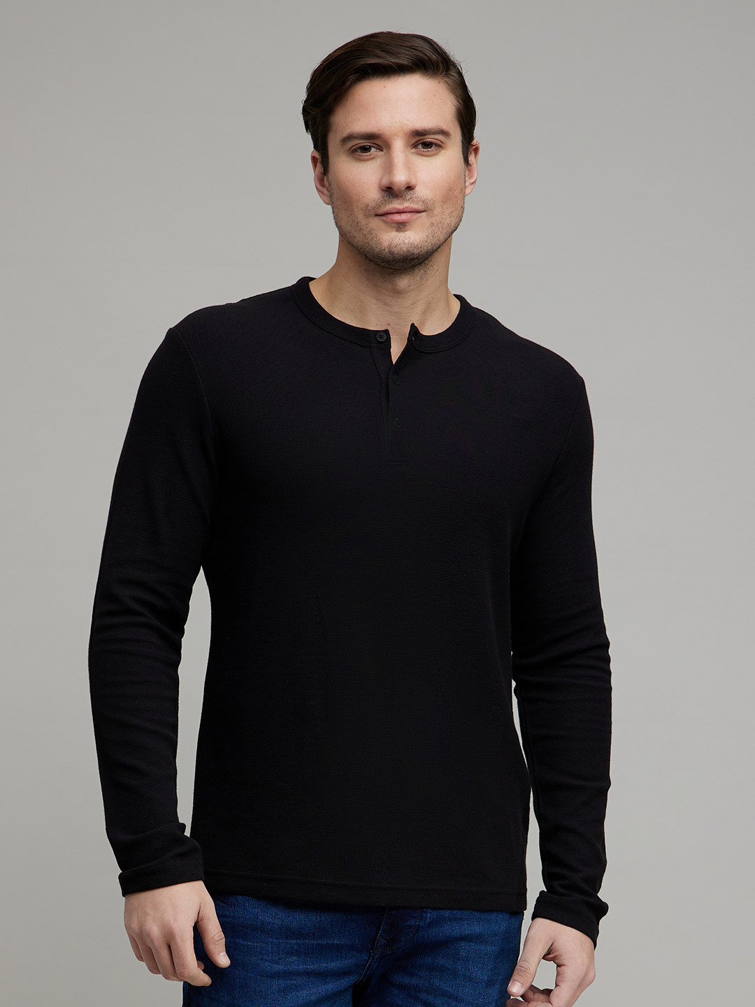 

Celio Men Black Henley Neck Cotton T-shirt