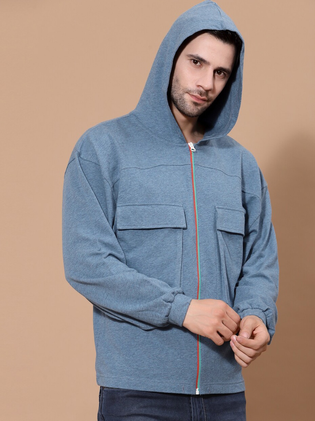 

FLAWLESS Men Blue Hooded Cotton Sweatshirt