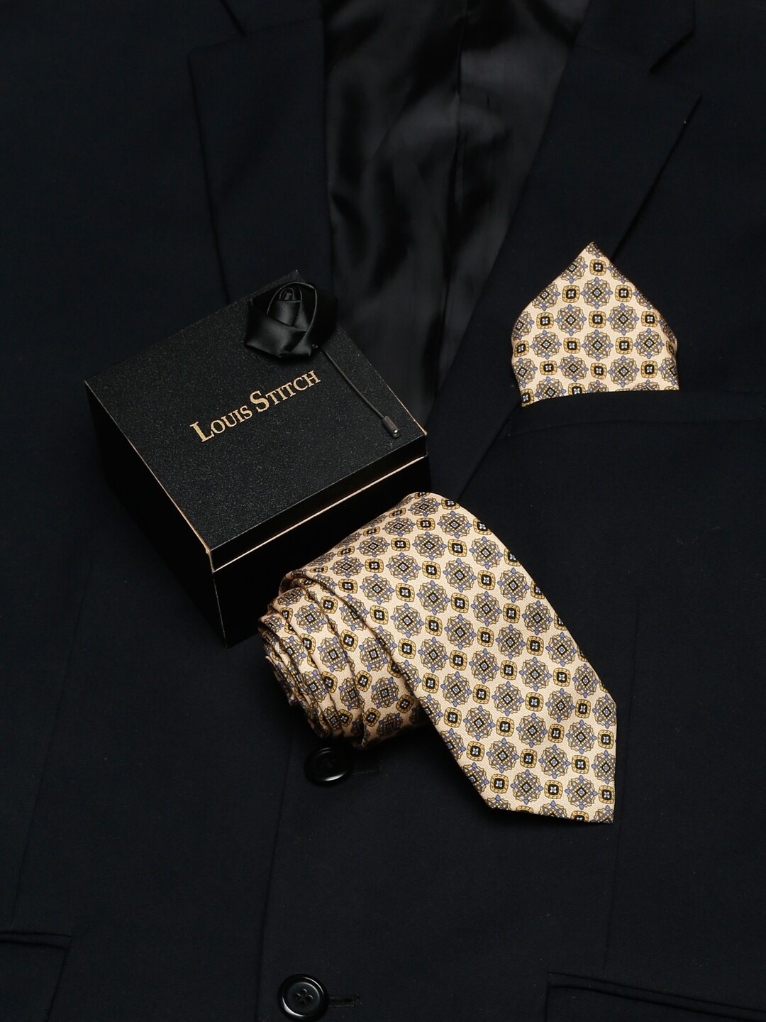 

LOUIS STITCH Men Yellow & Grey Printed Skinny Tie