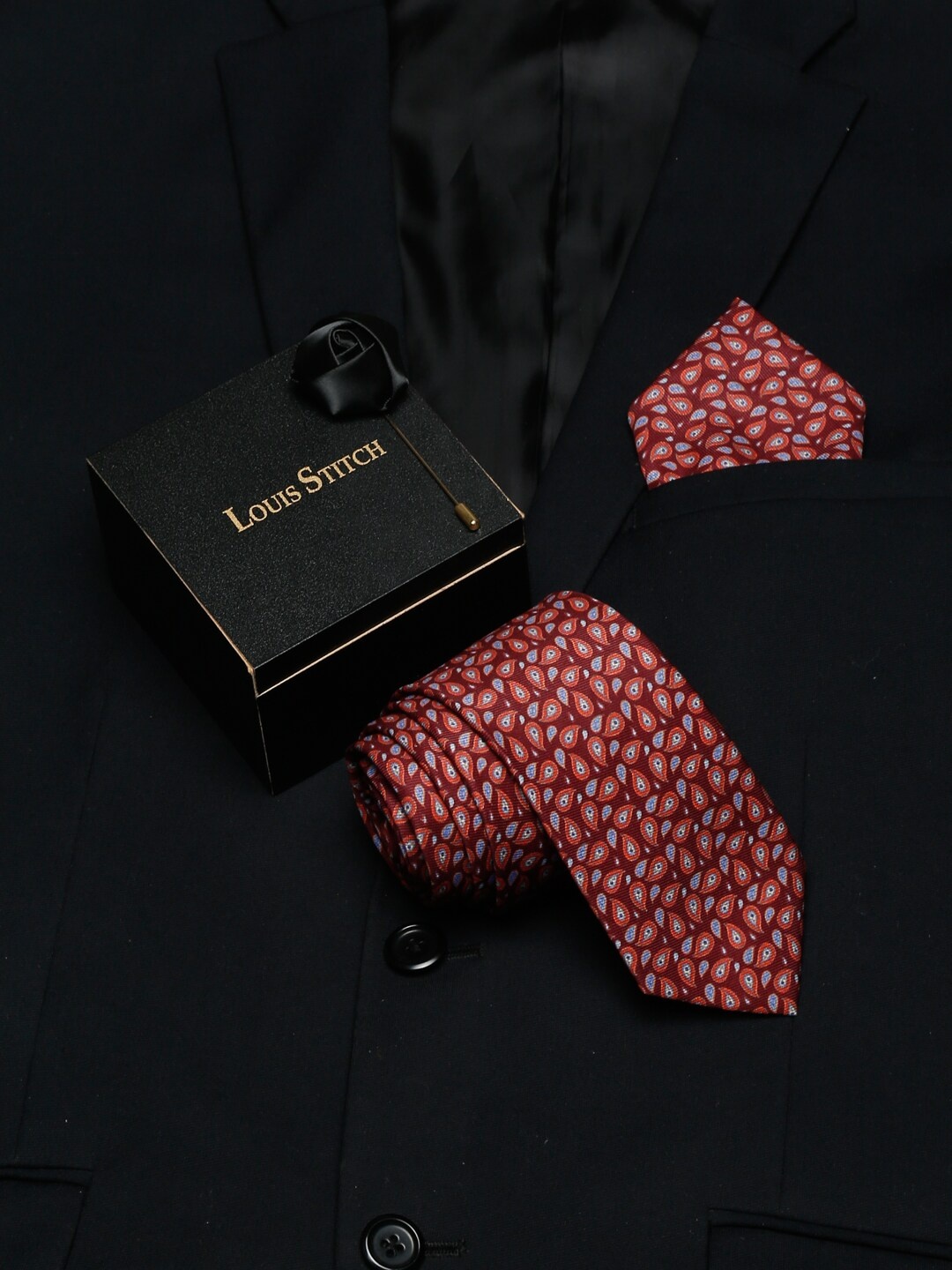 LOUIS STITCH Men Printed Italian Silk Accessory Gift Set, Red
