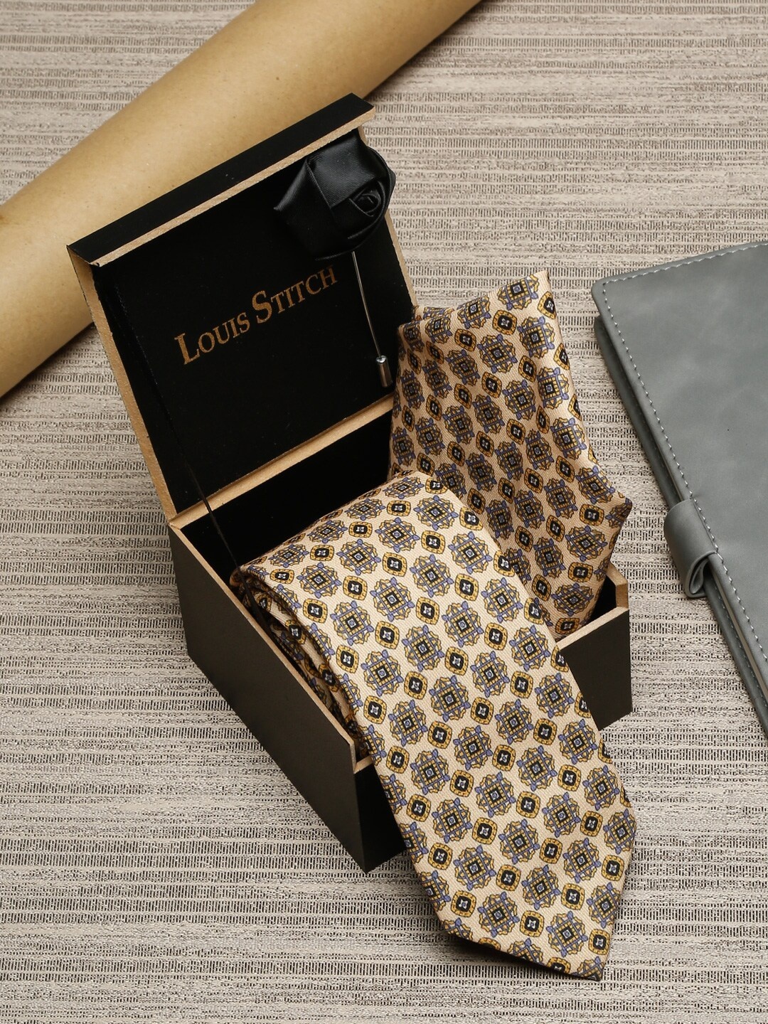 

LOUIS STITCH Men Beige Printed Italian Silk Accessory Gift Set