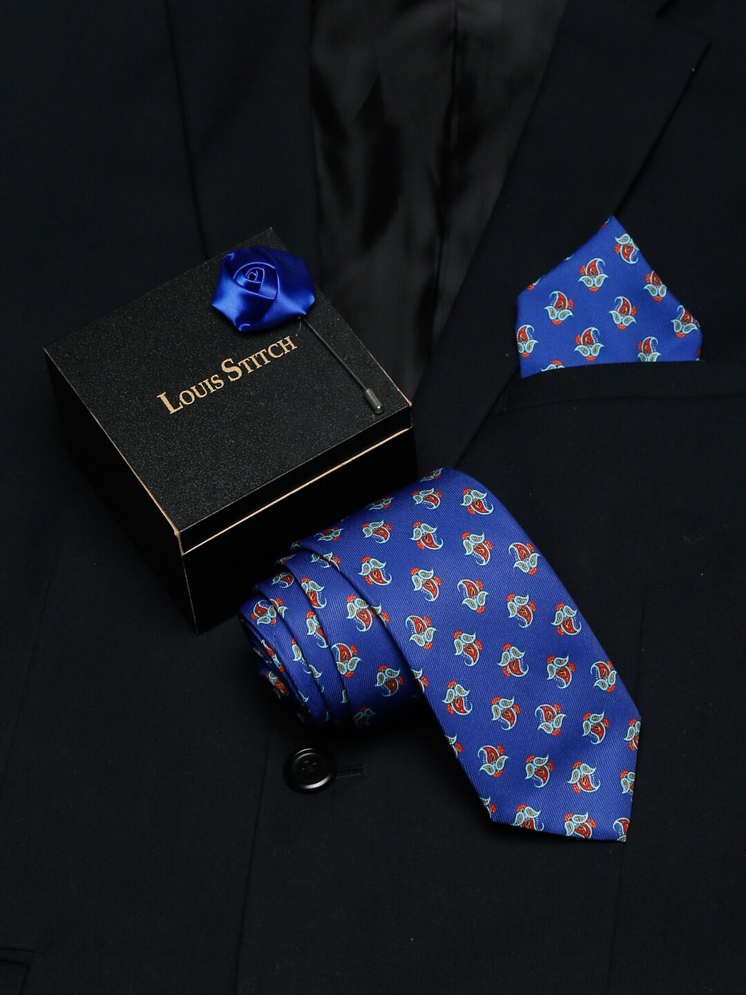 

LOUIS STITCH Men Blue Printed Necktie Italian Silk Accessory Gift Set