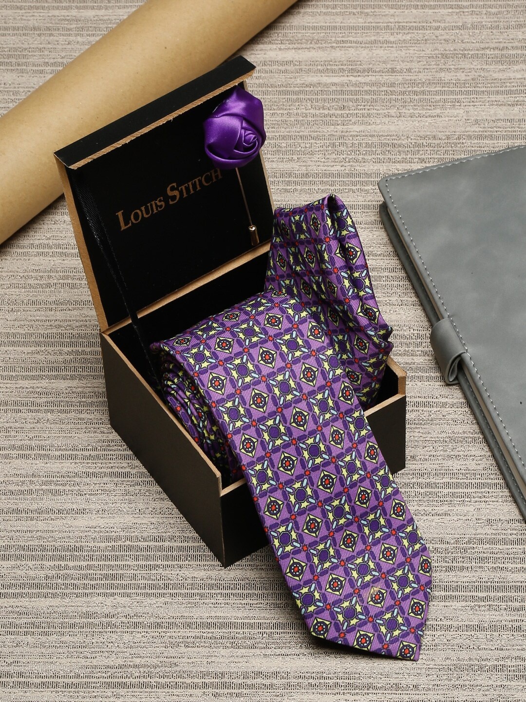 

LOUIS STITCH Men Purple Printed Italian Silk Formal Tie Gift Set