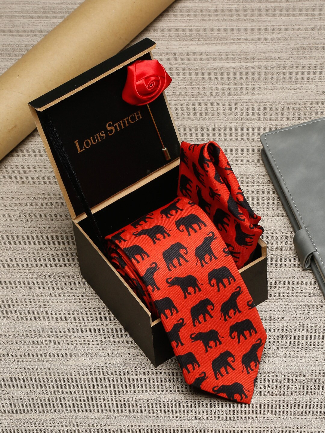 

LOUIS STITCH Men Red Printed Italian Silk Formal Tie Accessory Gift Set, Orange