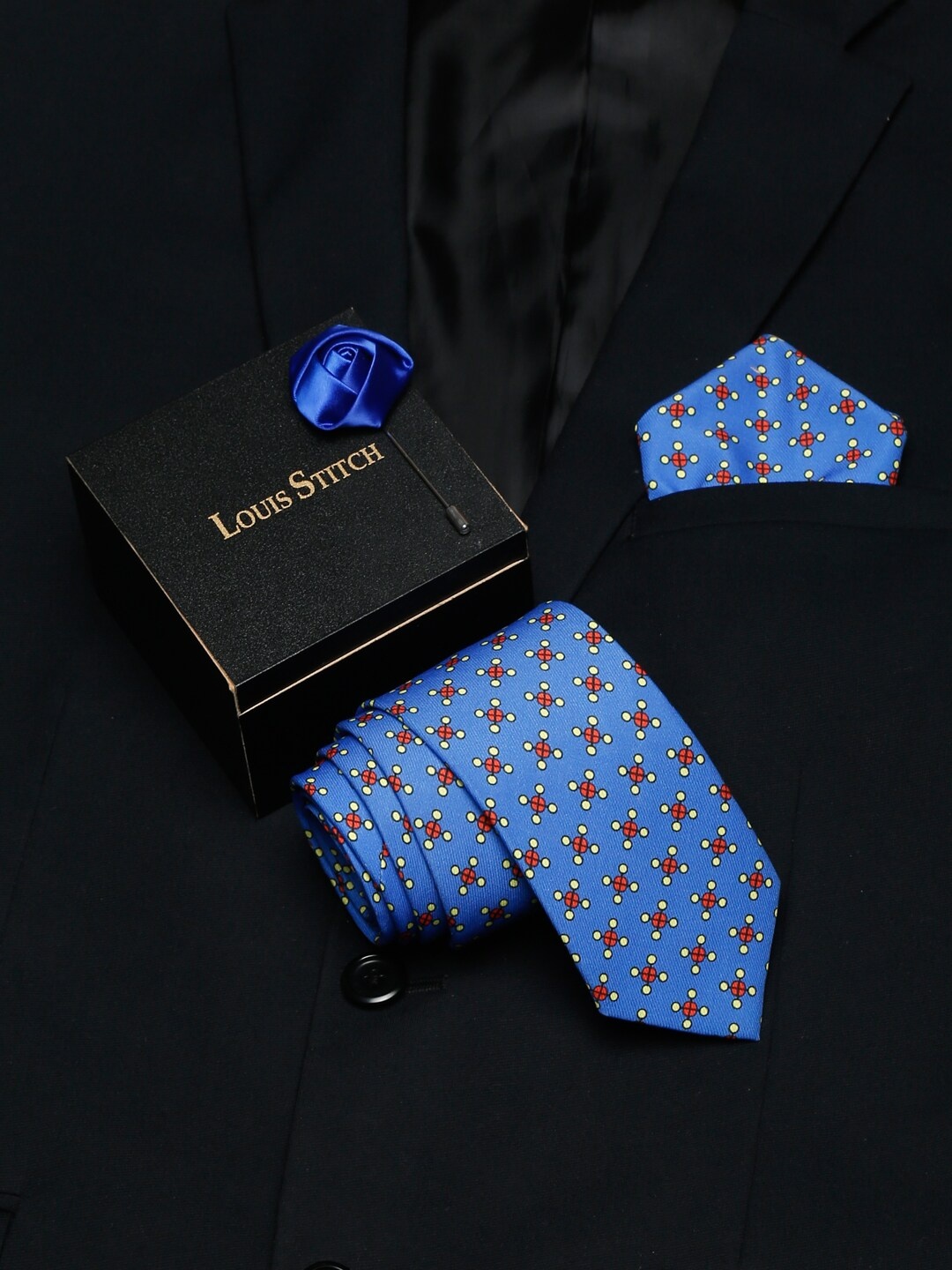 

LOUIS STITCH Men Blue Printed Necktie Italian Silk Accessory Gift Set