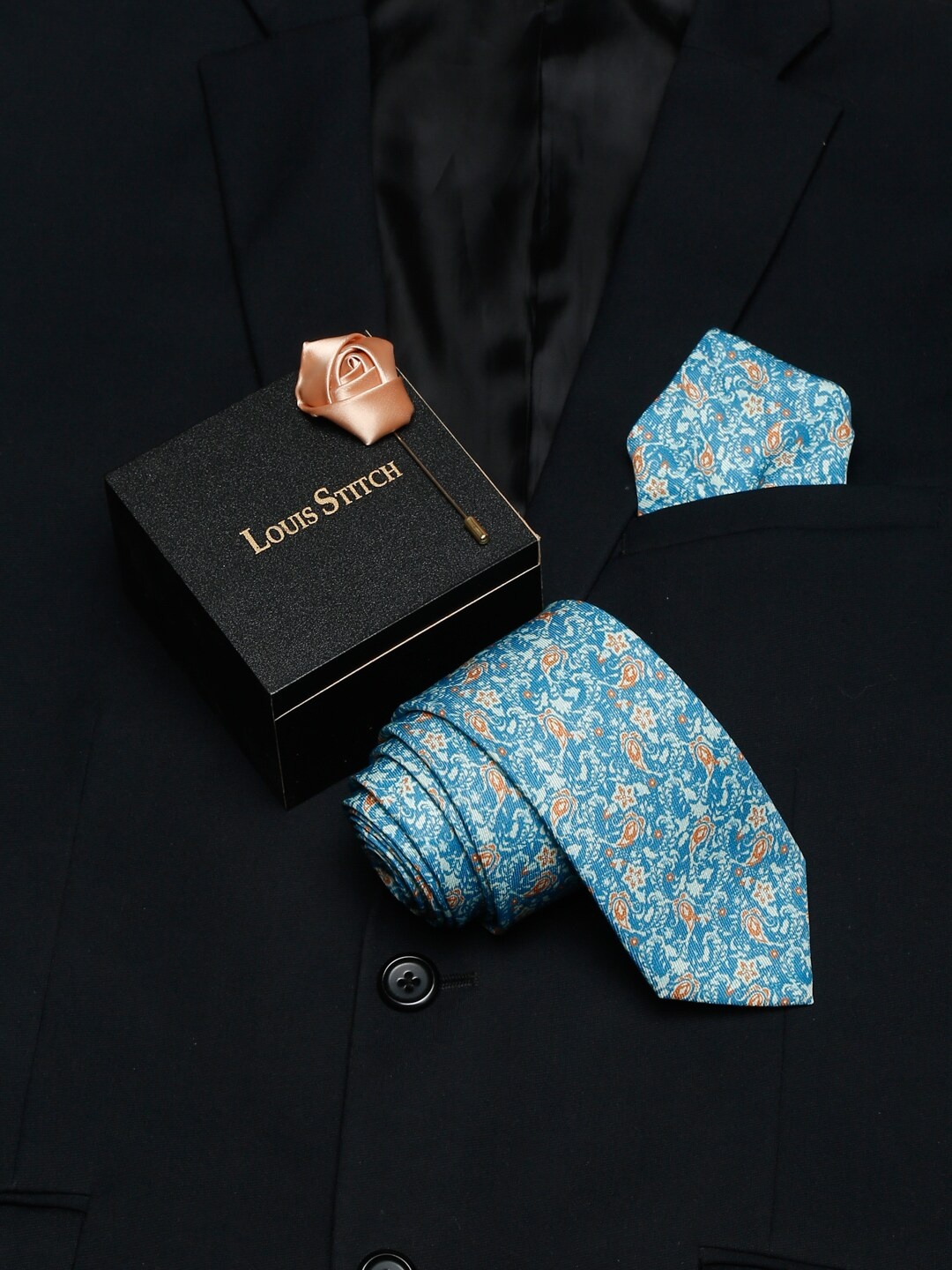 

LOUIS STITCH Men Blue Printed Necktie Italian Silk Accessory Gift Set