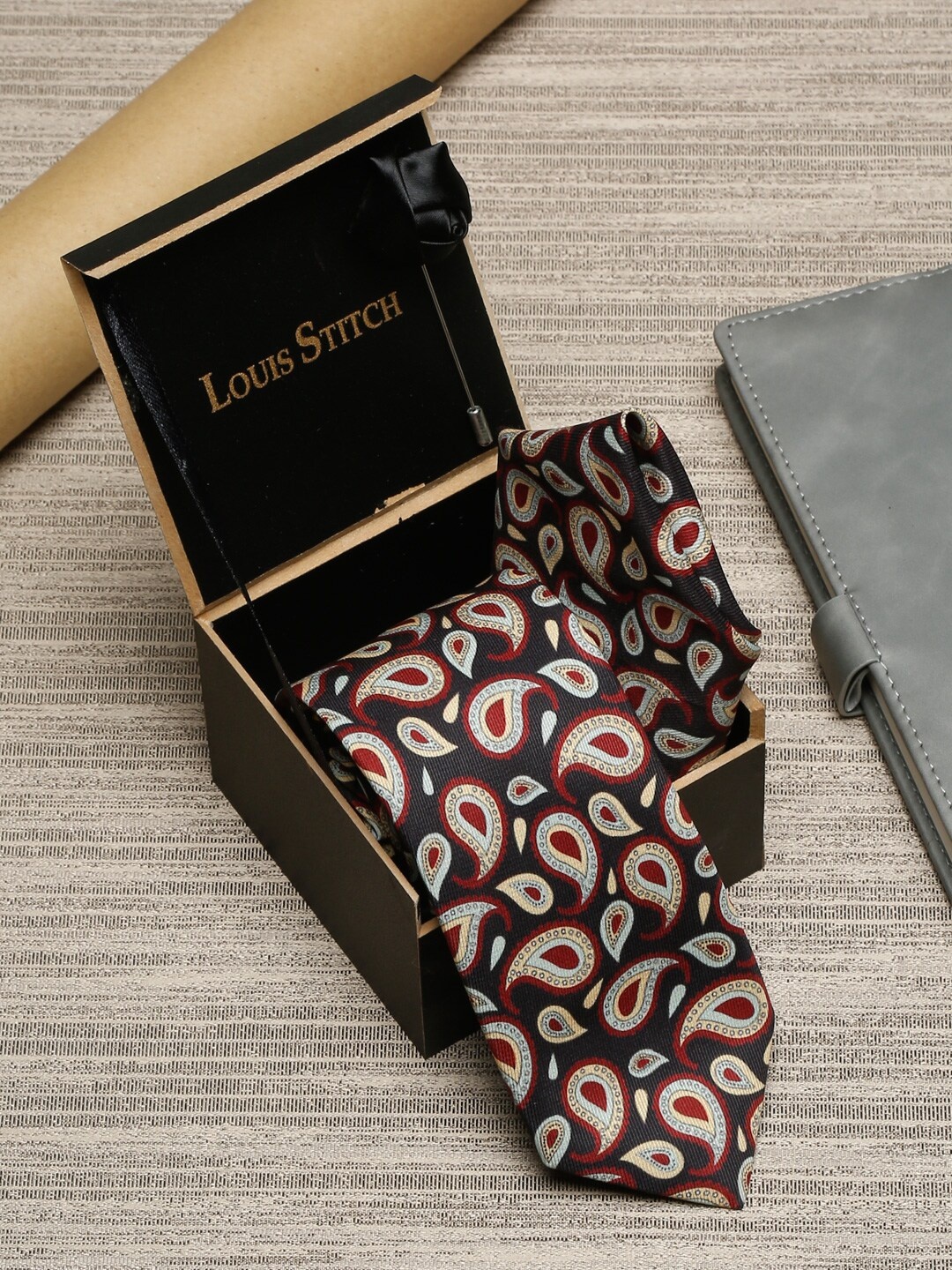 

LOUIS STITCH Men Black Printed Necktie Italian Silk Accessory Gift Set