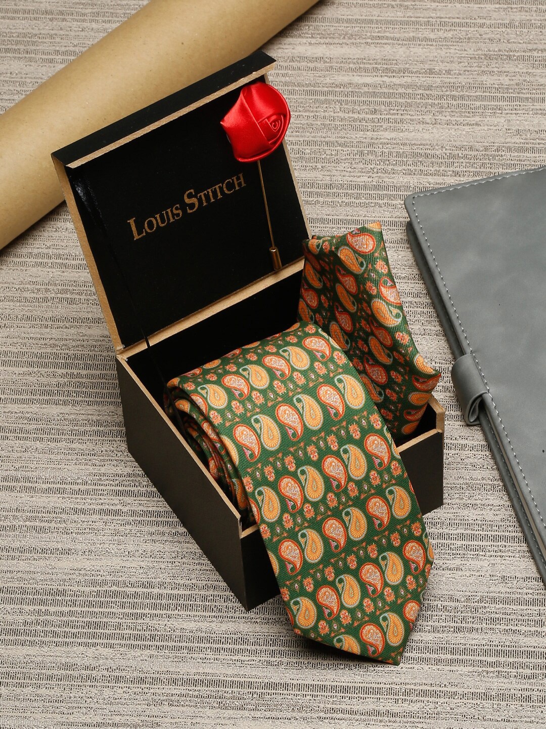 

LOUIS STITCH Men Green Printed Necktie Italian Silk Accessory Gift Set