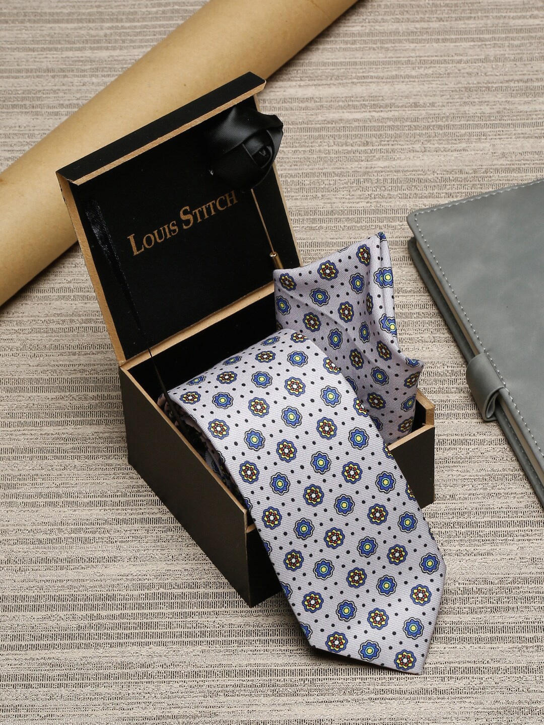 

LOUIS STITCH Men Grey Printed Necktie Italian Silk Accessory Gift Set