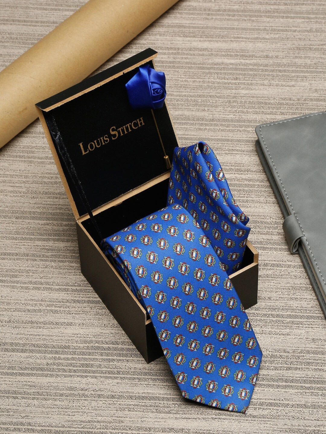 

LOUIS STITCH Men Blue Printed Necktie Italian Silk Accessory Gift Set