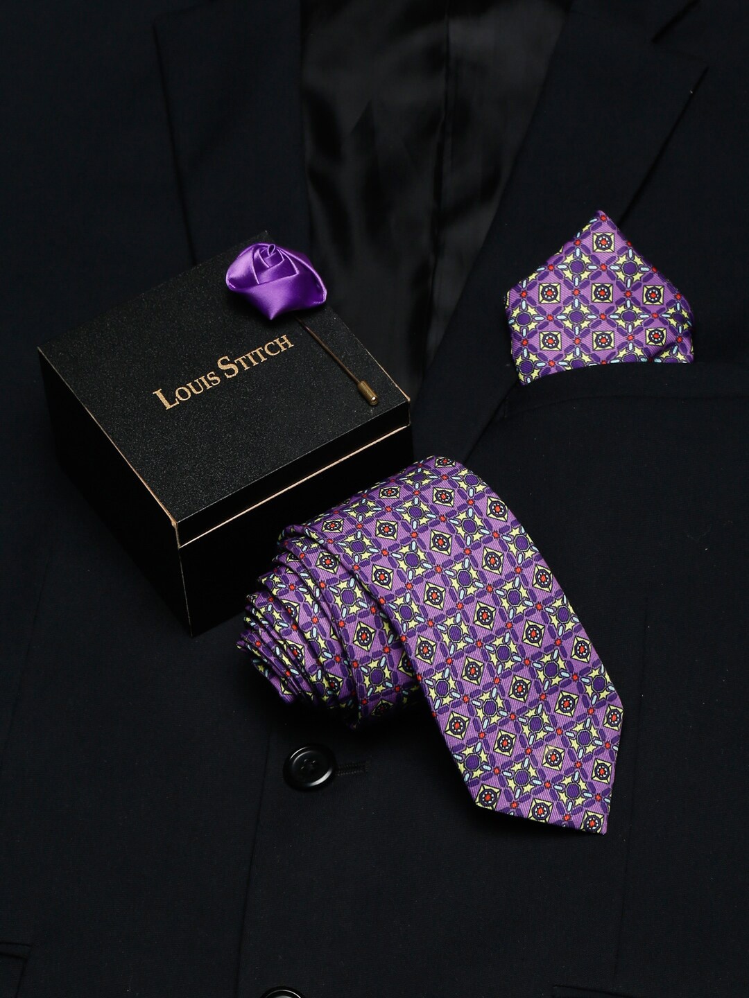 

LOUIS STITCH Men Purple Printed Italian Silk Formal Tie Accessory Gift Set