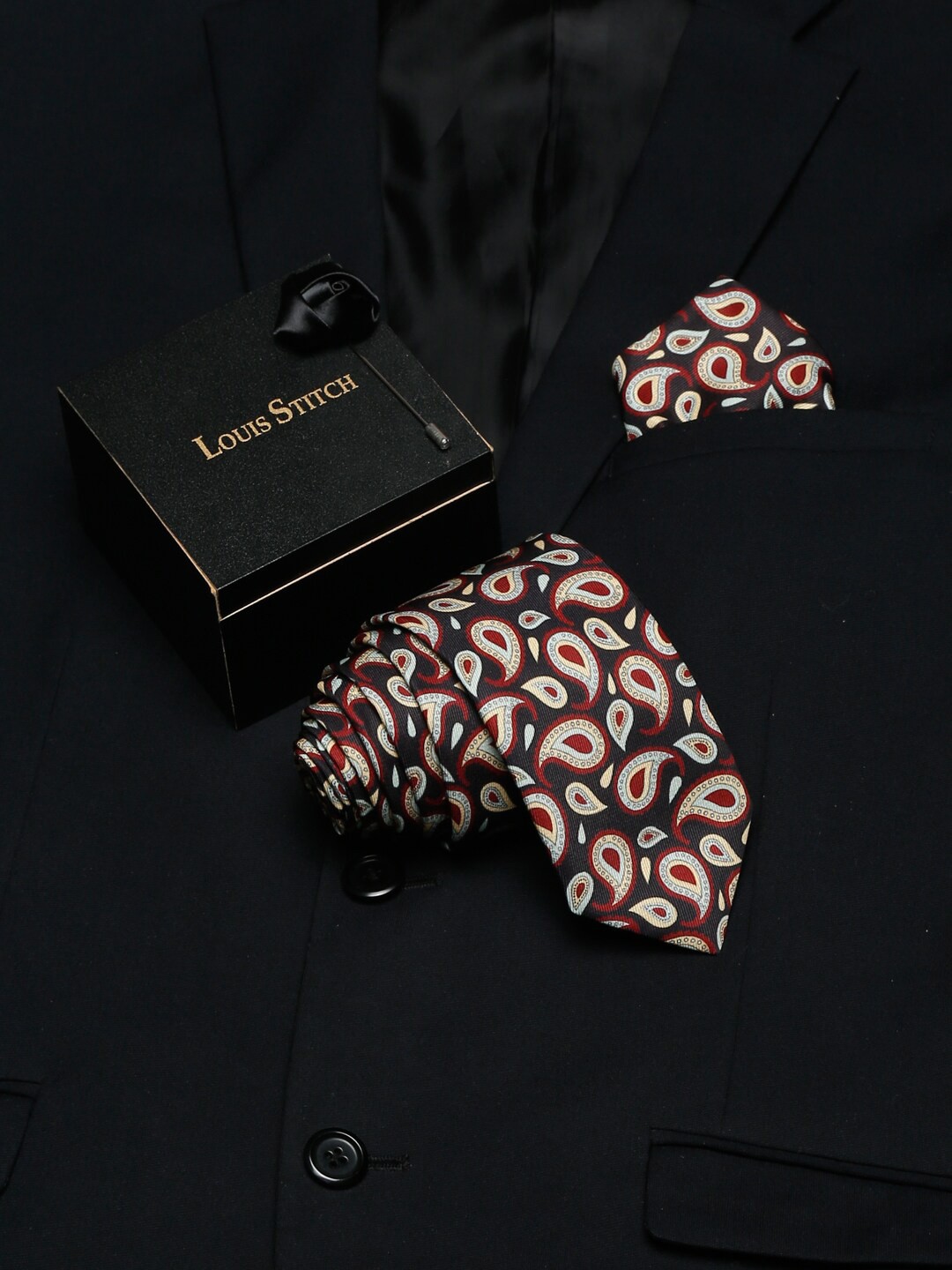 

LOUIS STITCH Men Black Printed Italian Silk Formal Tie Accessory Gift Set