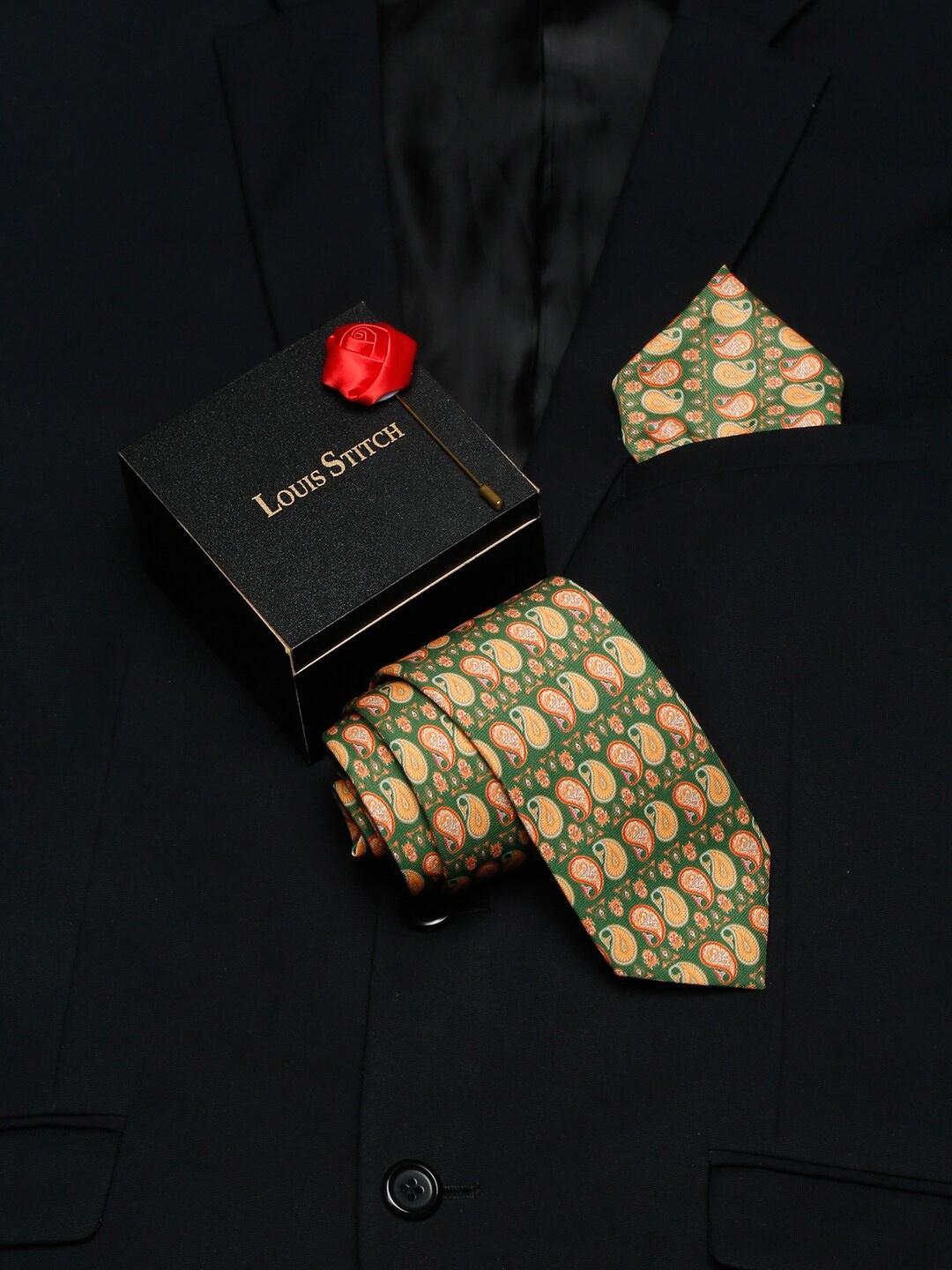 

LOUIS STITCH Men Green Printed Italian Silk Formal Tie Accessory Gift Set