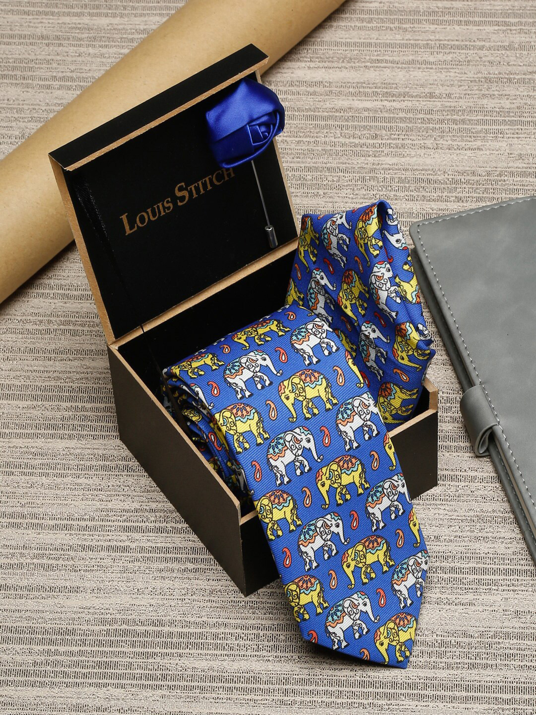 

LOUIS STITCH Men Blue Printed Italian Silk Formal Tie Accessory Gift Set