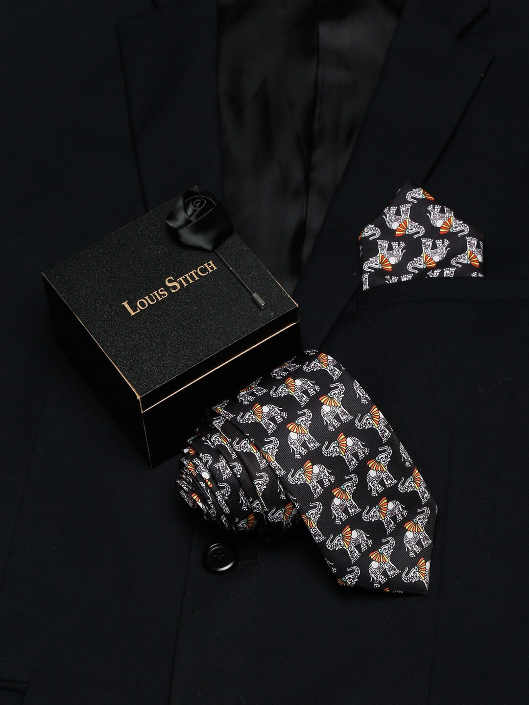

LOUIS STITCH Men Black Printed Italian Silk Formal Tie Gift Set