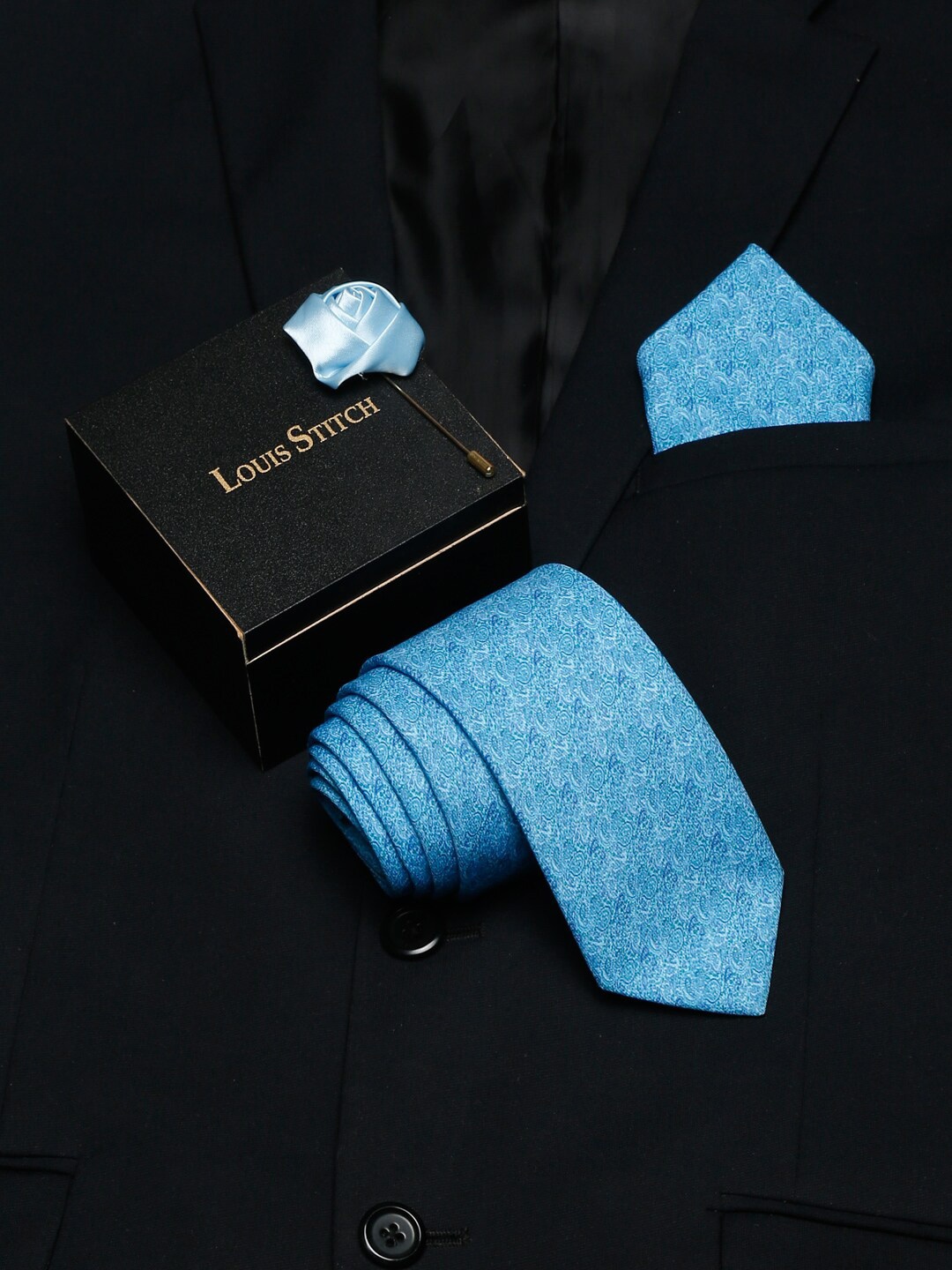 LOUIS STITCH Men Blue Printed Italian Silk Formal Tie Gift Set