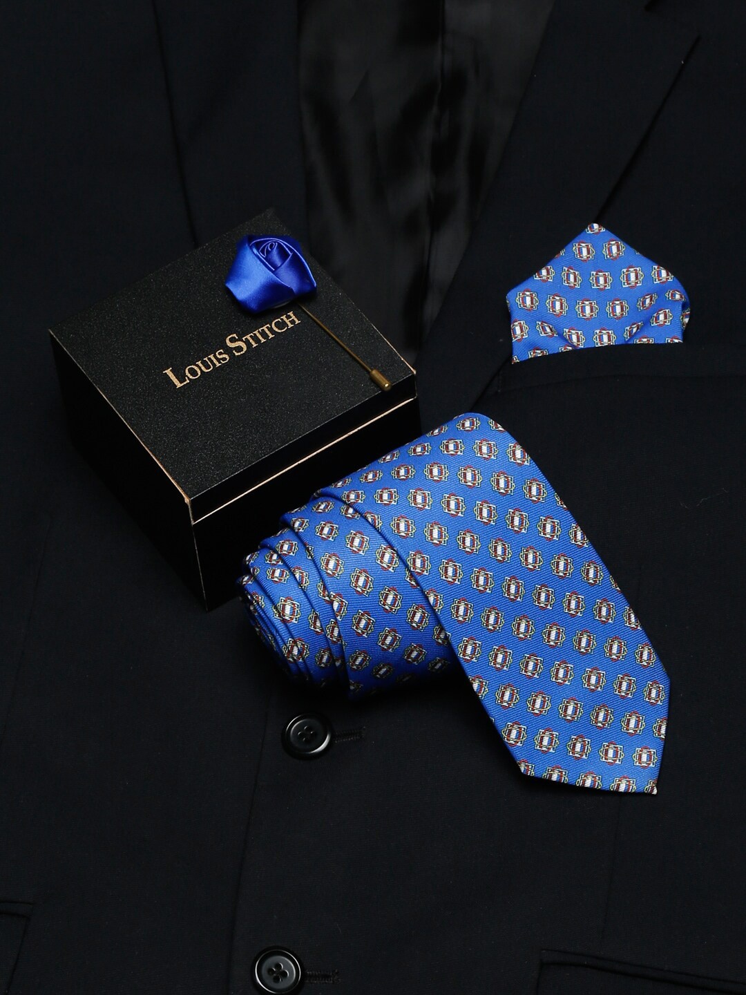 LOUIS STITCH Italian Silk Printed Formal Tie Accessory Gift Set, Blue