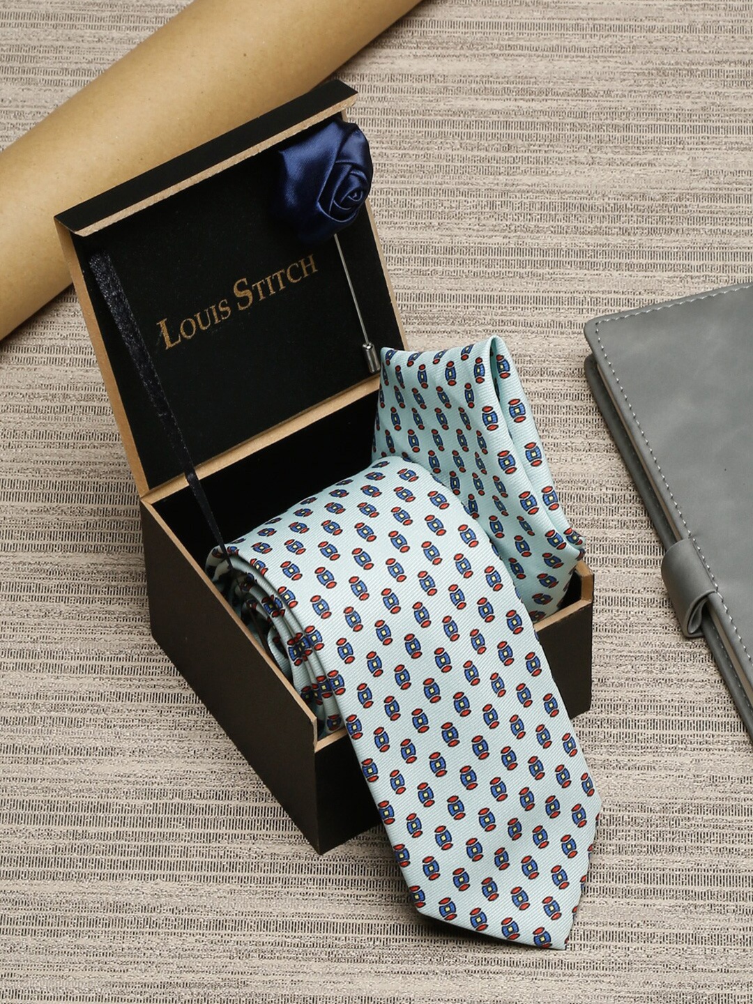 

LOUIS STITCH Men Blue Printed Italian Silk Formal Tie Gift Set
