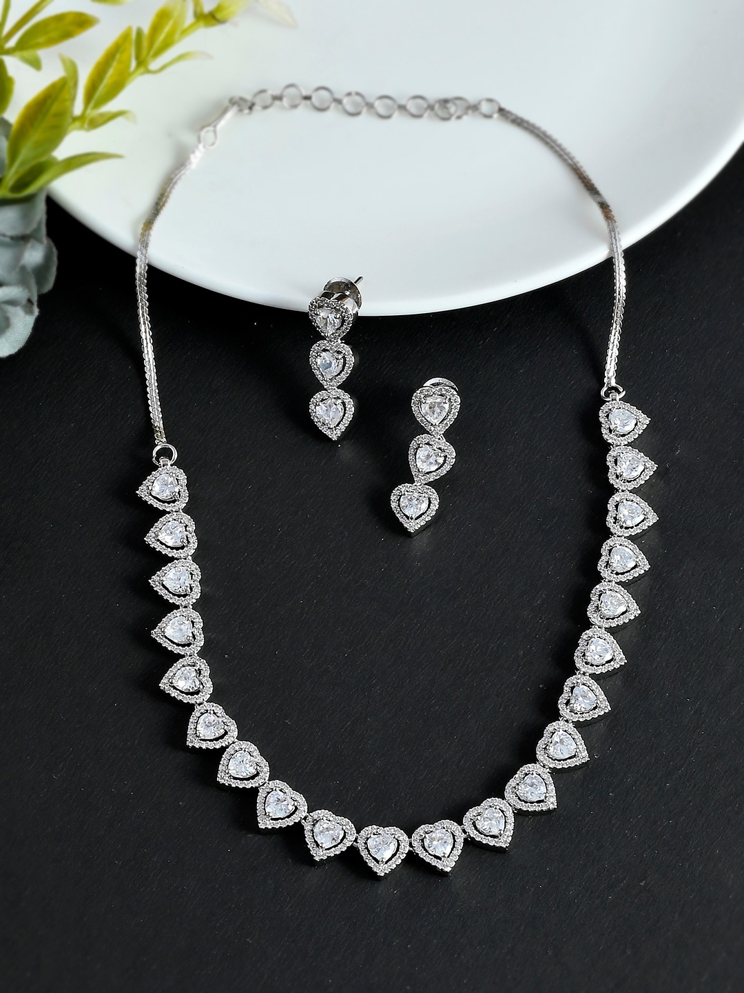 

Voylla Rhodium Plated White Stones Studded Jewellery Set, Silver