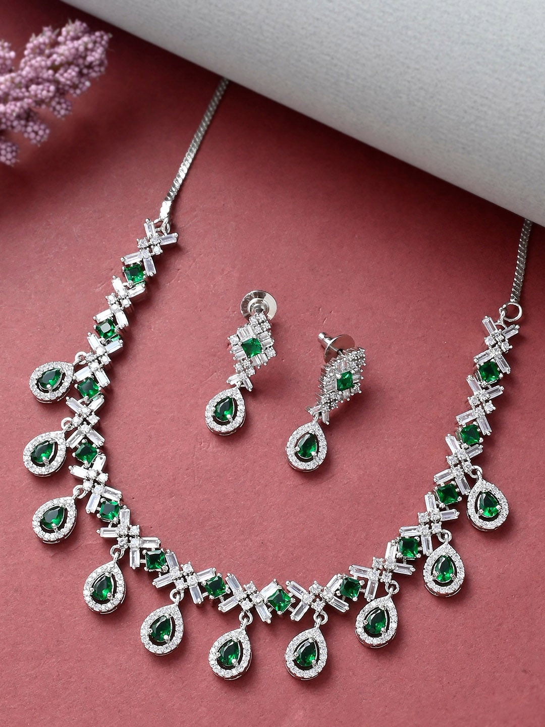 

Voylla Rhodium-Plated Silver-Toned CZ Studded Jewellery Set