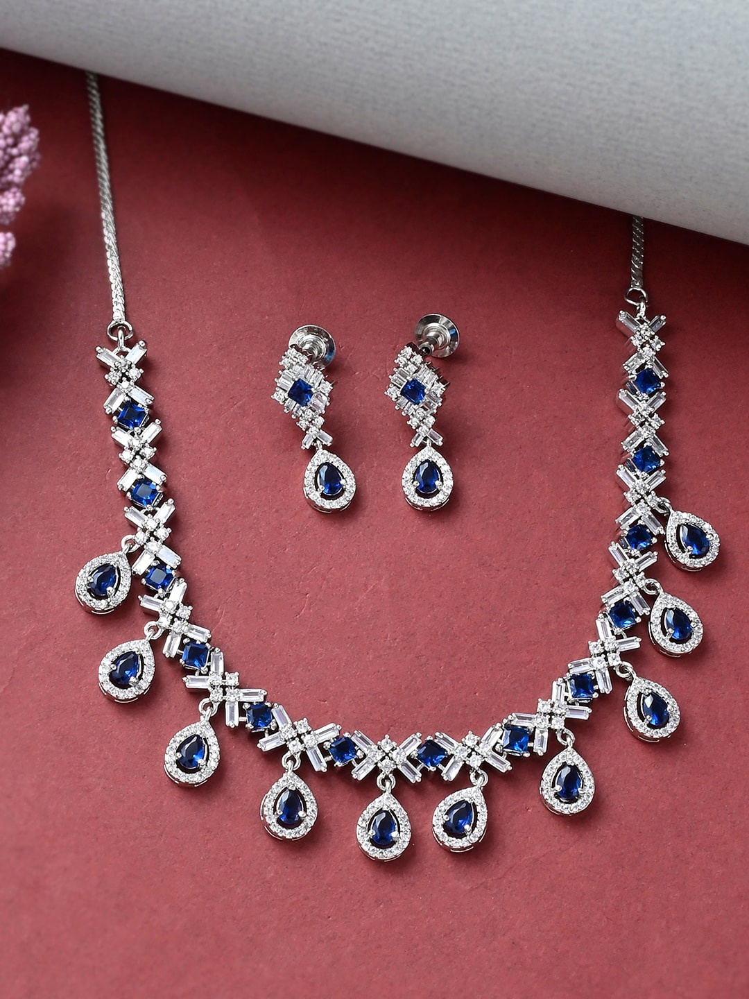 

Voylla Blue & White Rhodium Plated Cubic Zirconia Stone-Studded Jewellery Set