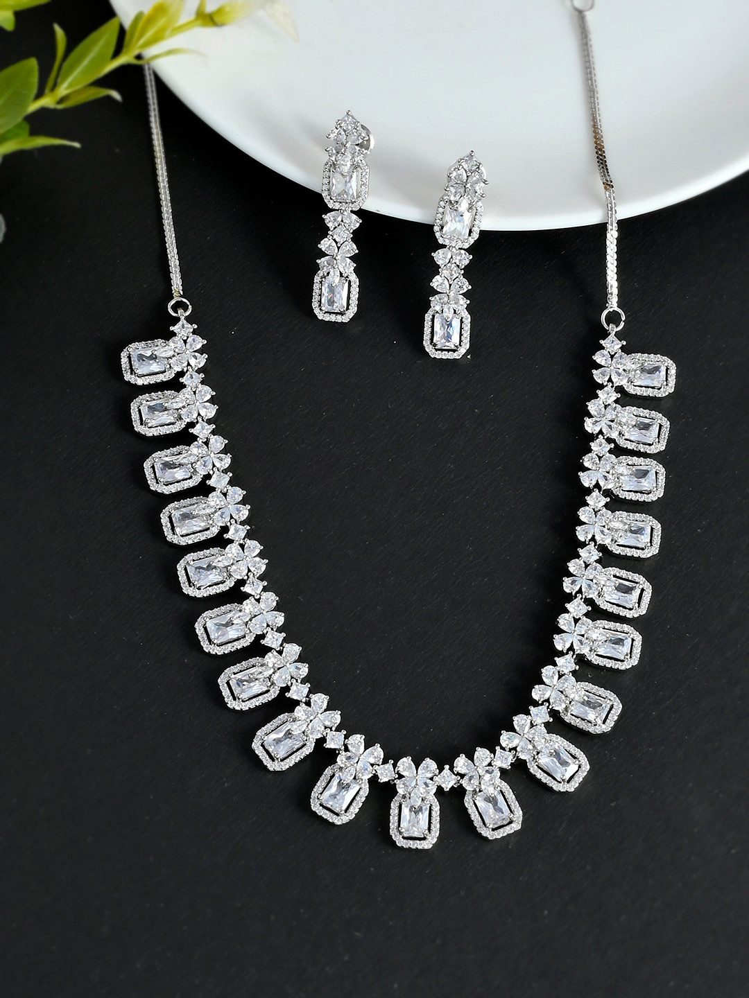 

Voylla Rhodium-Plated Silver-Toned CZ Studded Jewellery Set