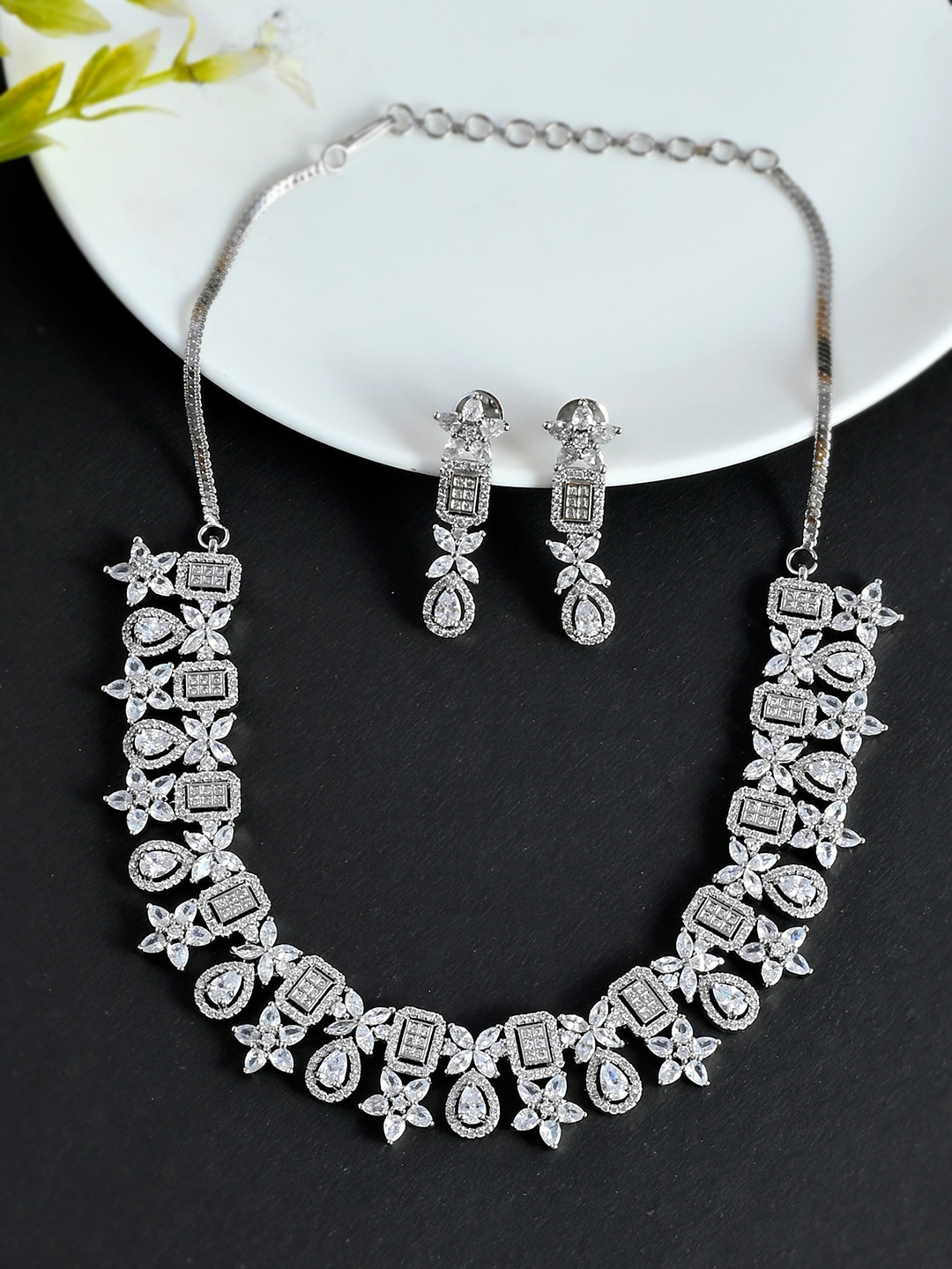 

Voylla Rhodium Plated Silver Toned Floral CZ Studded Jewellery Set