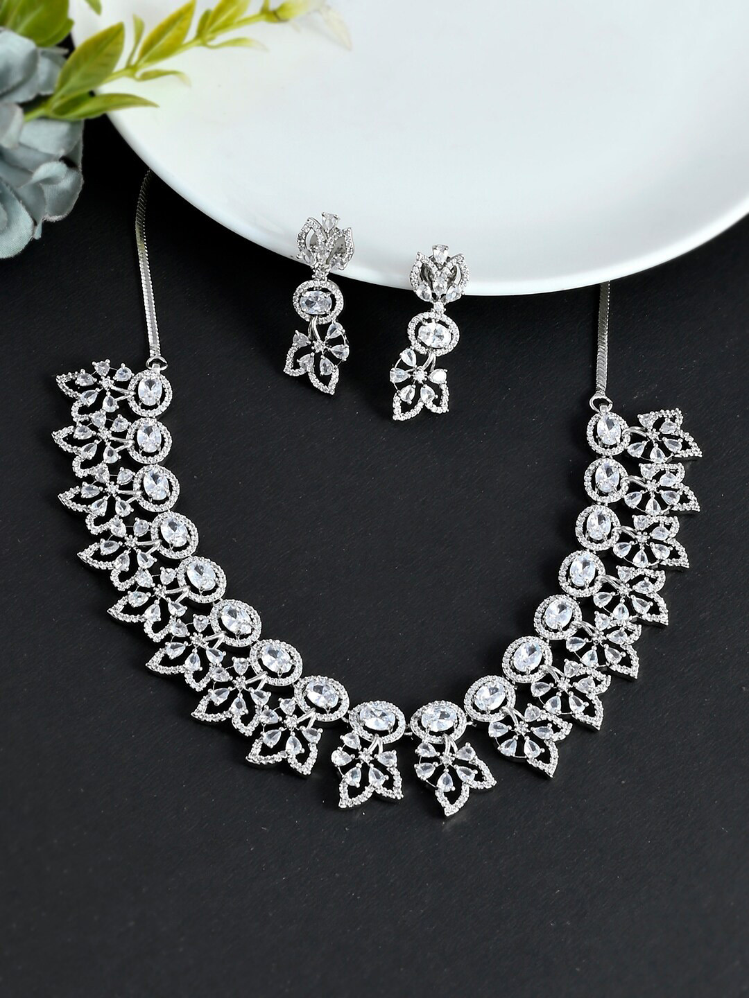 

Voylla White Zircon Gem Stones Studded Rhodium Plated Jewellery Set, Silver