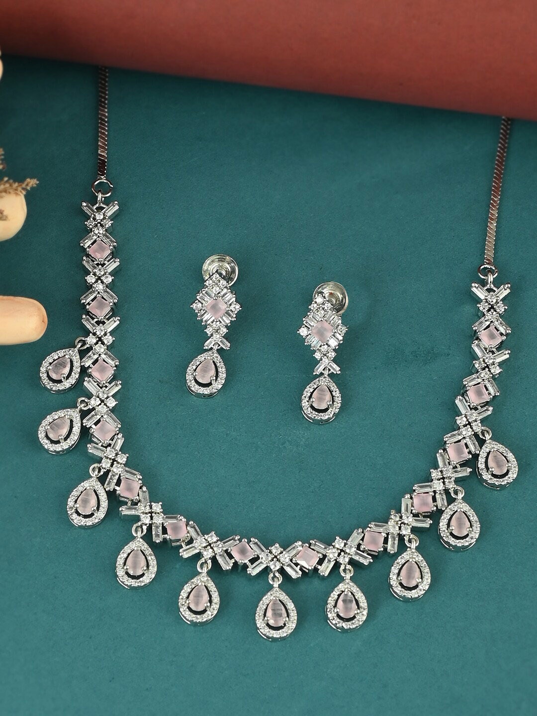 

Voylla Rhodium-Plated White & Pink Zircons Studded Jewellery Set, Silver