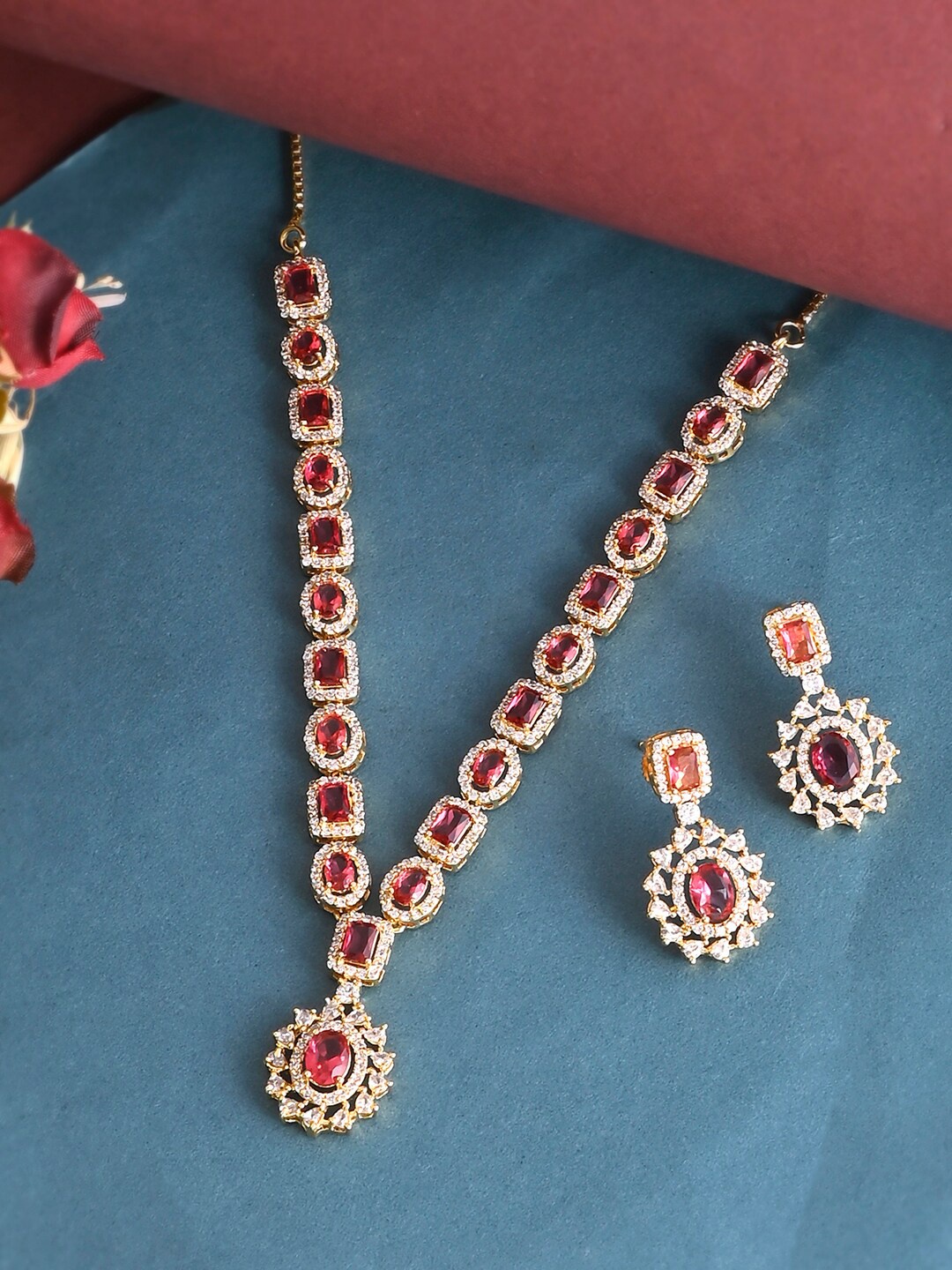 

Voylla Pink Stone-Studded Gold Plated Jewellery Set