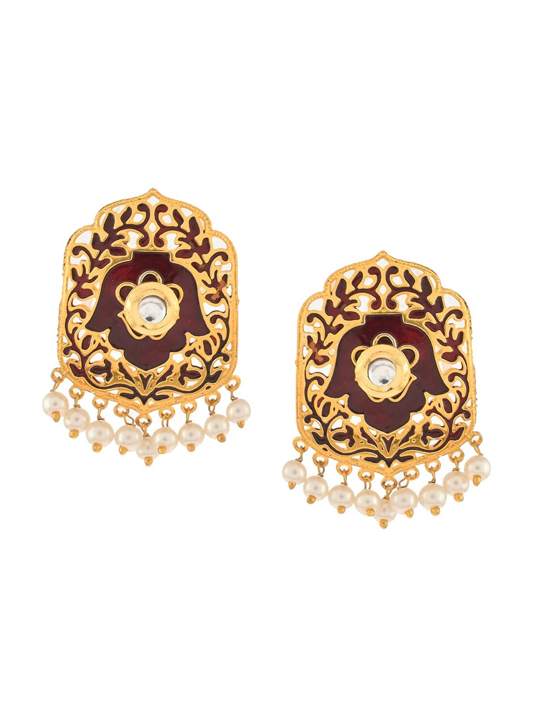 

Voylla Women Maroon Enamel Faux Pearls & Gold-Plated Contemporary Studs Earrings
