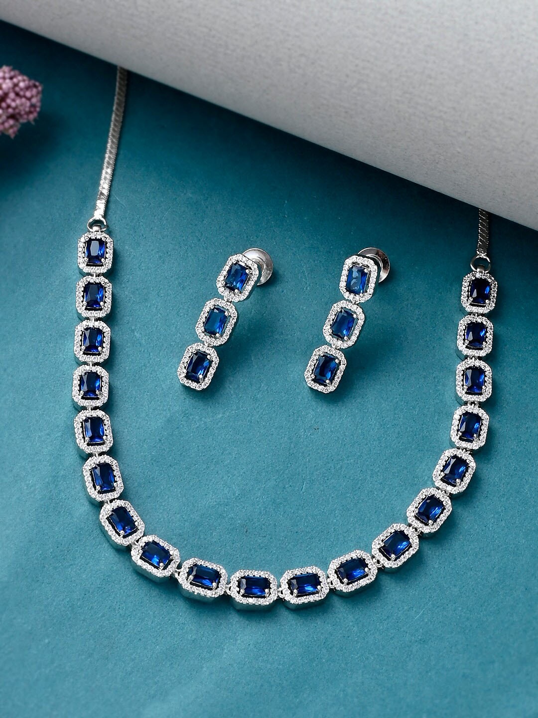 

Voylla Women Blue & White Rhodium-Plated CZ-Studded Necklace and Earrings