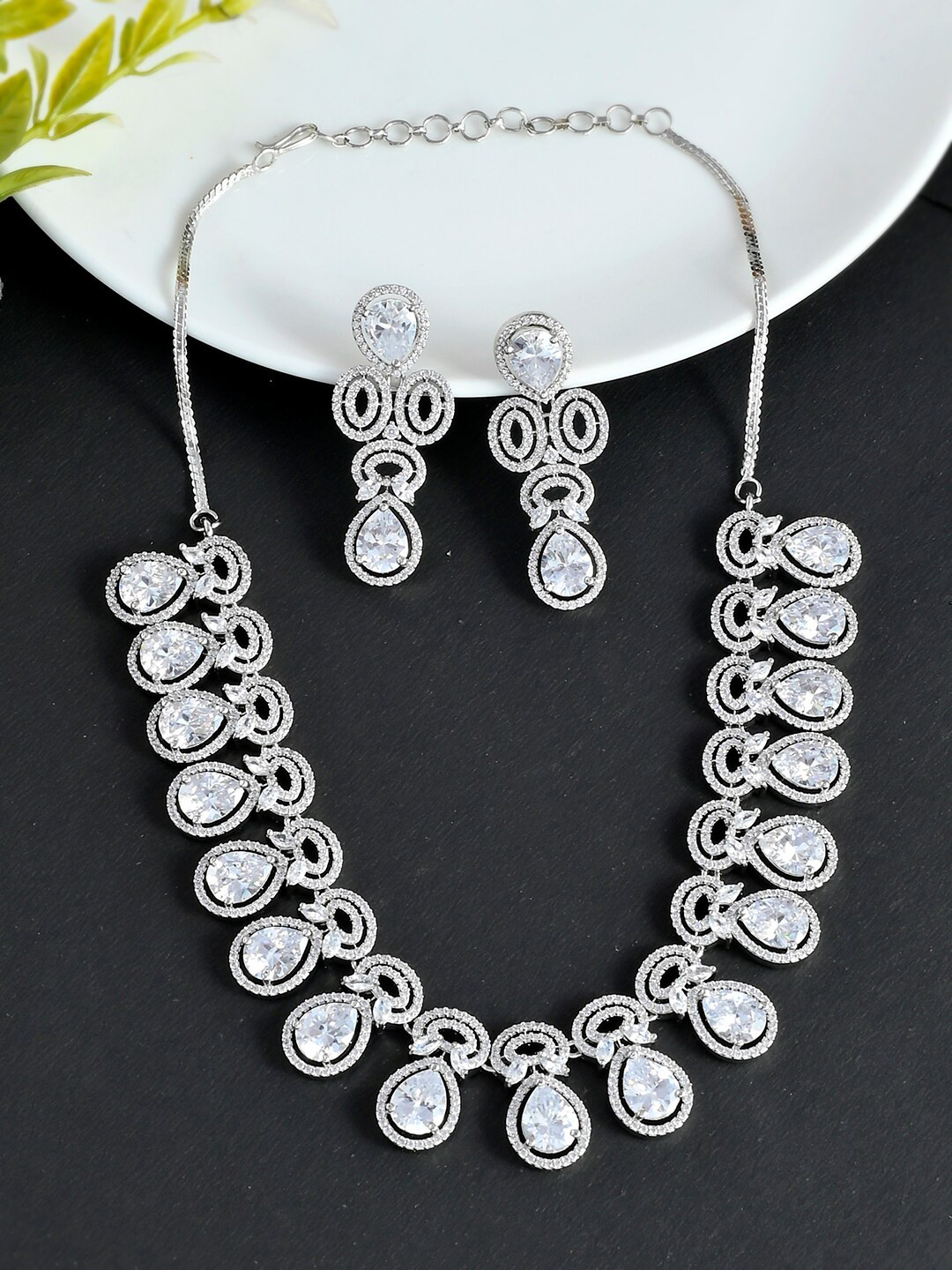 

Voylla Silver-Toned & White Rhodium-Plated Stone Studded Jewellery Set