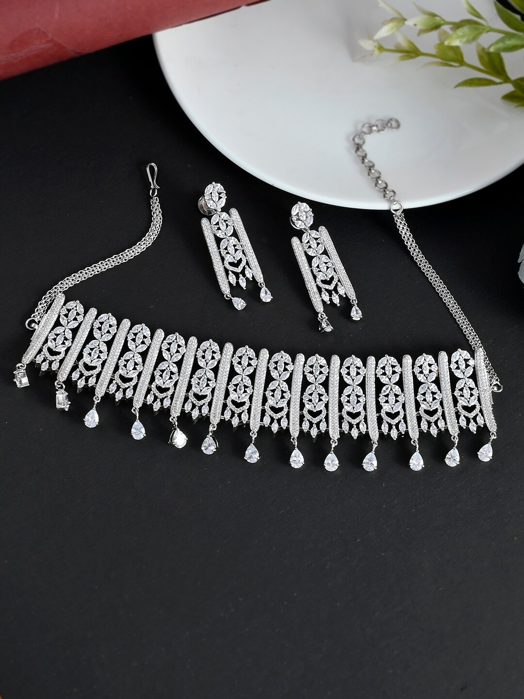 

Voylla White CZ Stones Studded Rhodium Plated Jewellery Set, Silver