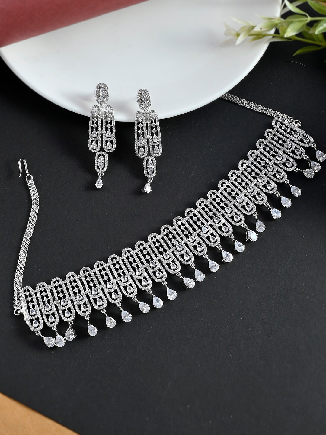 

Voylla Silver-Toned Rhodium Plated Stones Studded Jewellery Set