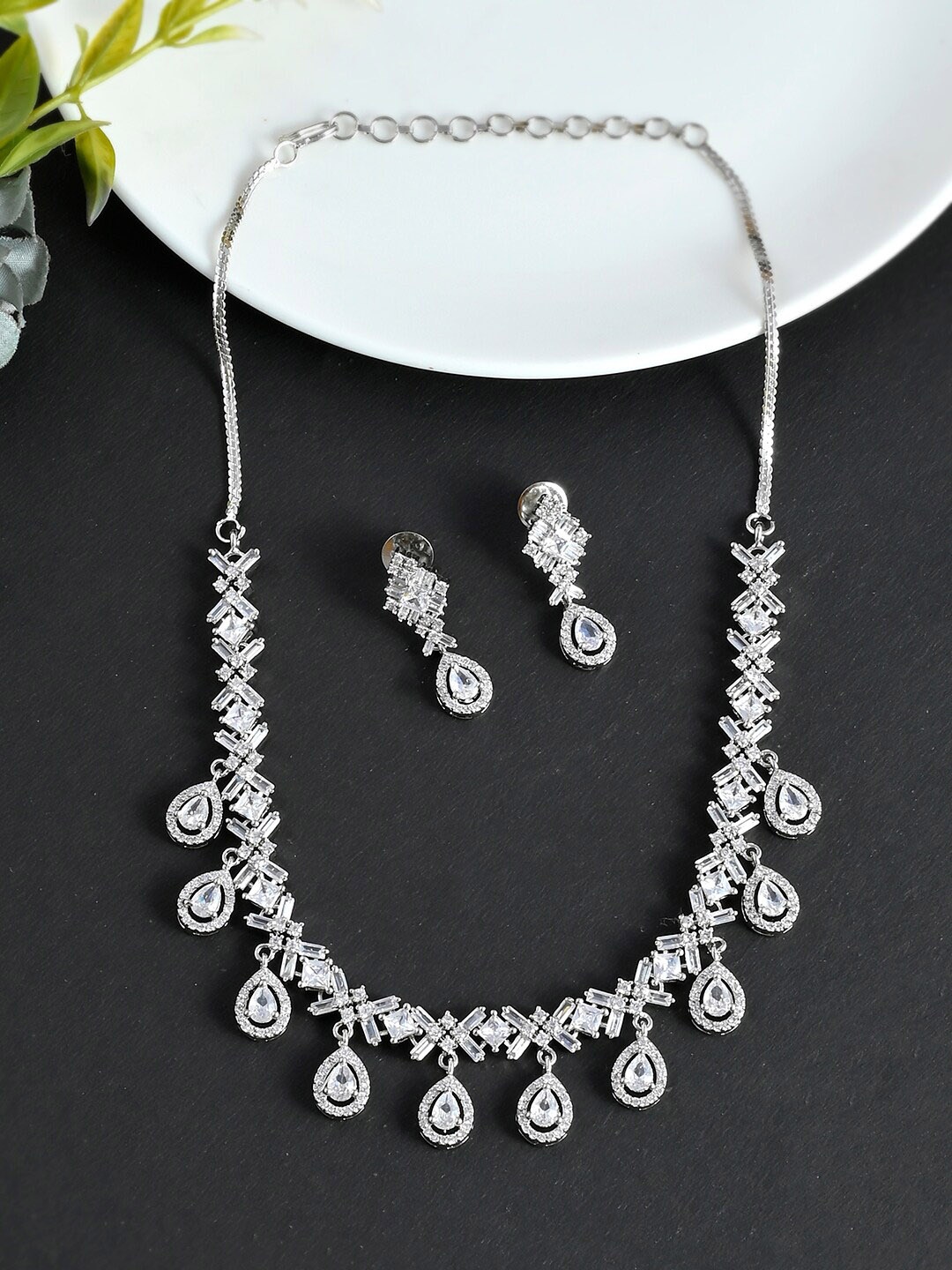 

Voylla Women Silver Rhodium-Plated White Artificial Stones-Studded Jewellery Set