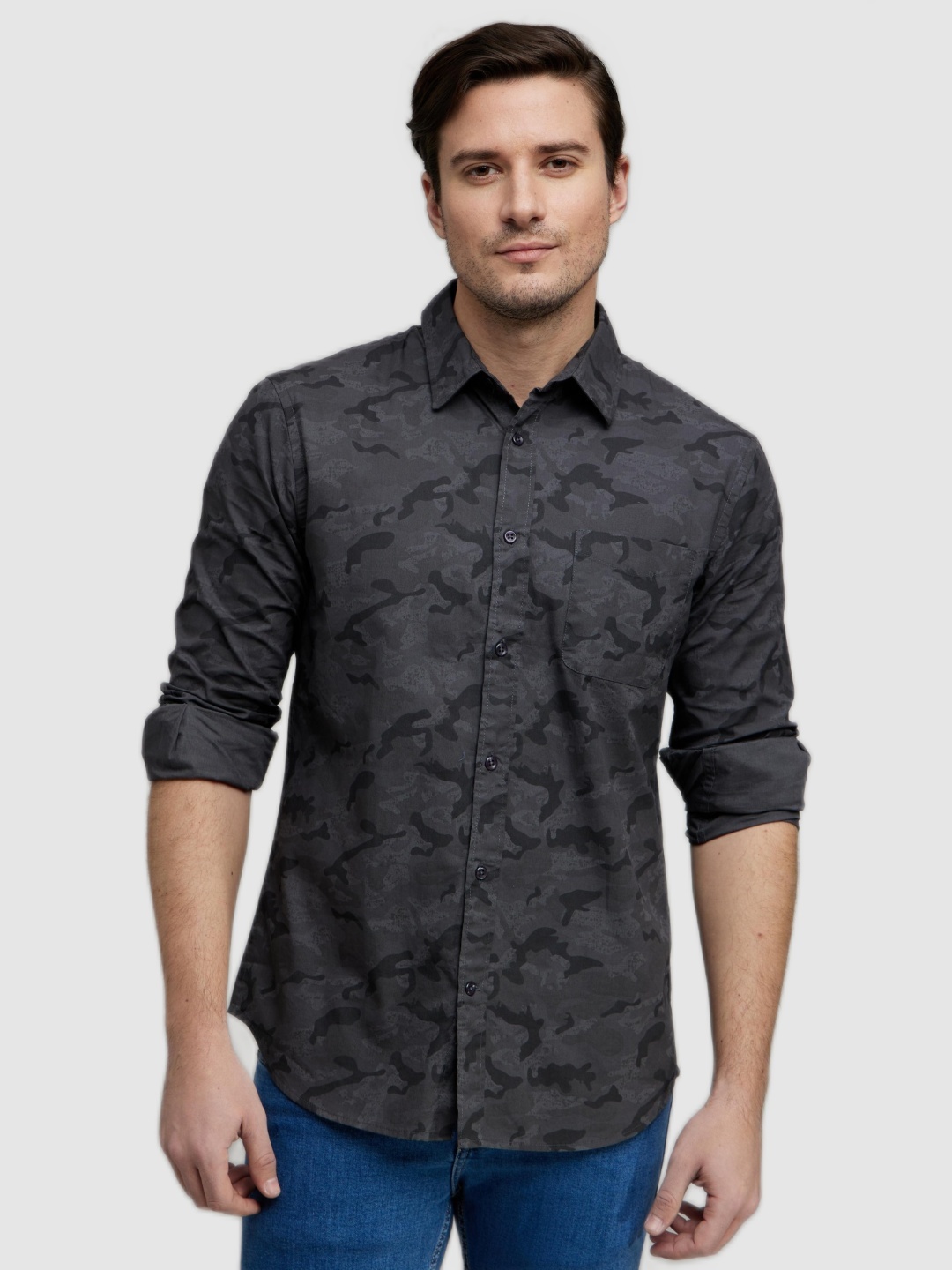 

Celio Camouflage Cotton Straight Slim Fit Printed Casual Shirt, Charcoal