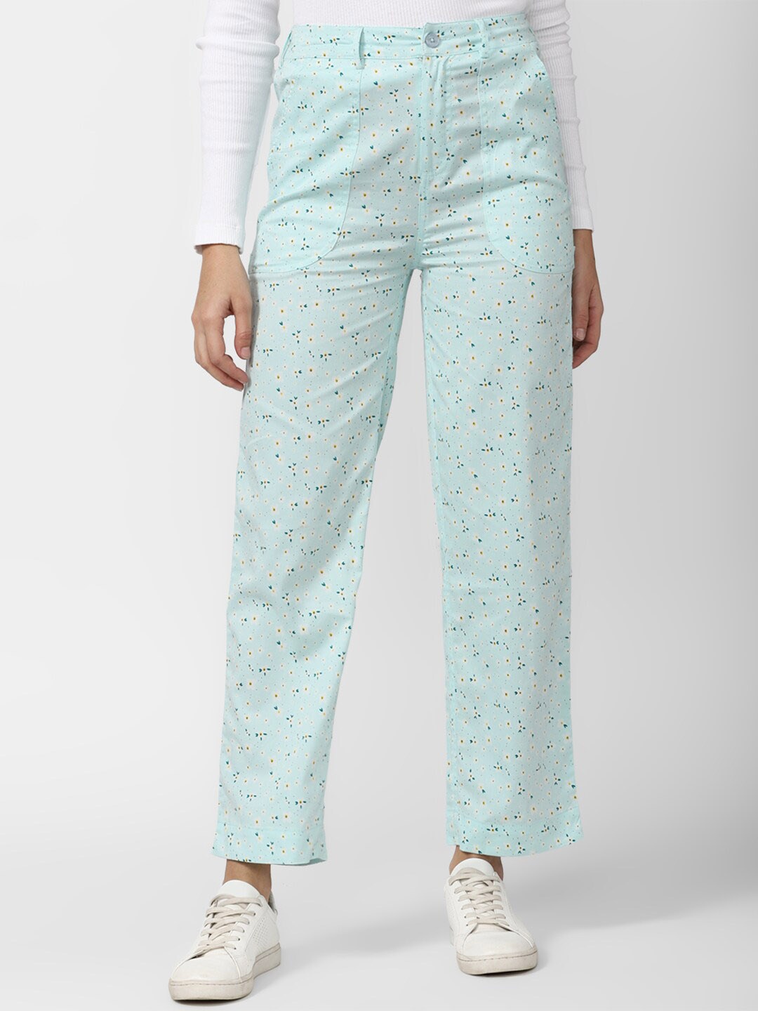 

FOREVER 21 Women Blue Cotton Floral Printed Trousers