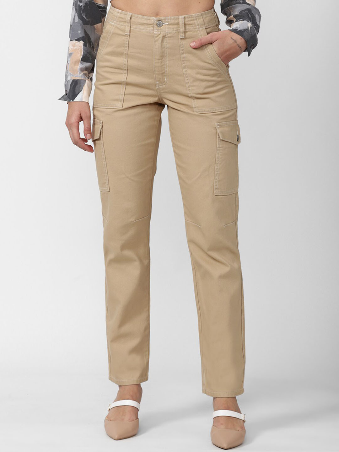

FOREVER 21 Women Khaki Cotton Cargos Trousers